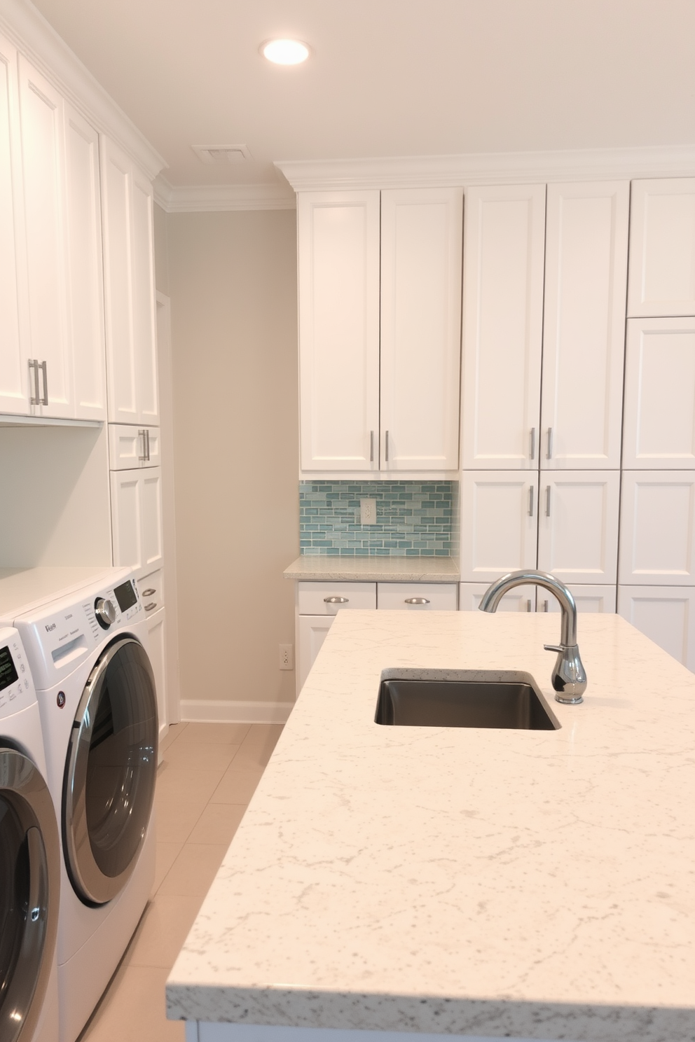 A spacious laundry room features a large countertop designed for sorting and folding clothes. The countertop is made of durable quartz with a subtle veining pattern, providing ample workspace for laundry tasks. The room includes built-in cabinetry for storage, painted in a soft white finish. A stylish backsplash in a light blue mosaic adds a pop of color and visual interest to the space.