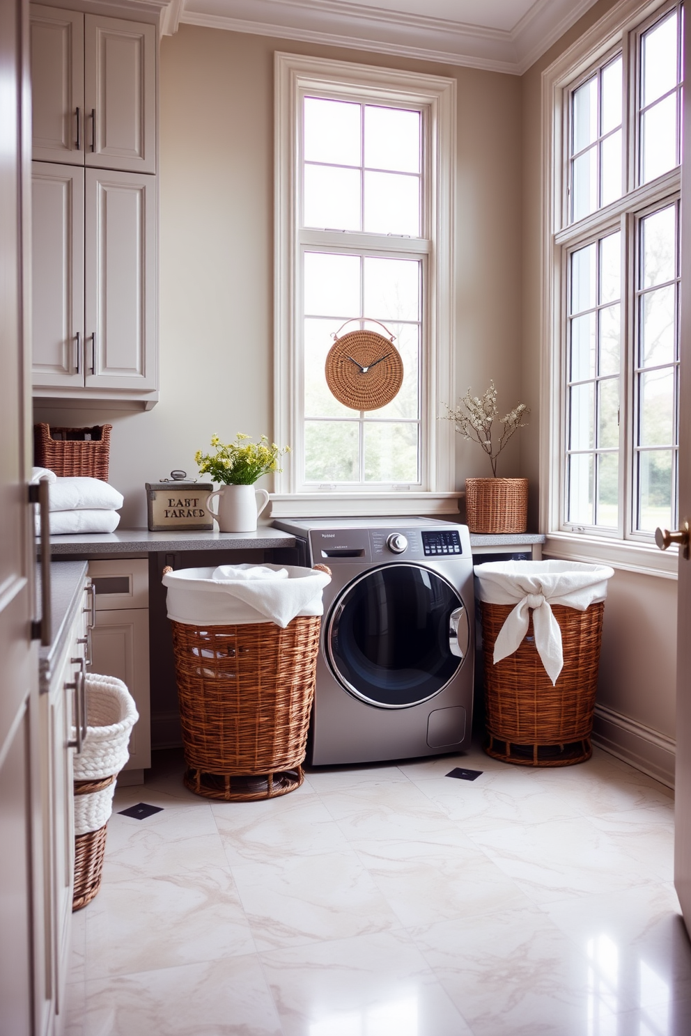 A spacious laundry room features stylish laundry baskets that blend functionality with aesthetic charm. The room is designed with ample storage, including cabinets and shelves, while maintaining a bright and airy feel with large windows allowing natural light to flood in.