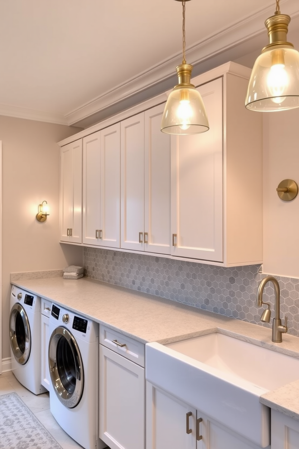 Bright accent wall for a pop of color. The laundry room features a vibrant blue wall that energizes the space and contrasts beautifully with white cabinetry. Large laundry room design ideas. Ample counter space is provided for folding clothes, and there are built-in shelves for storage and organization.