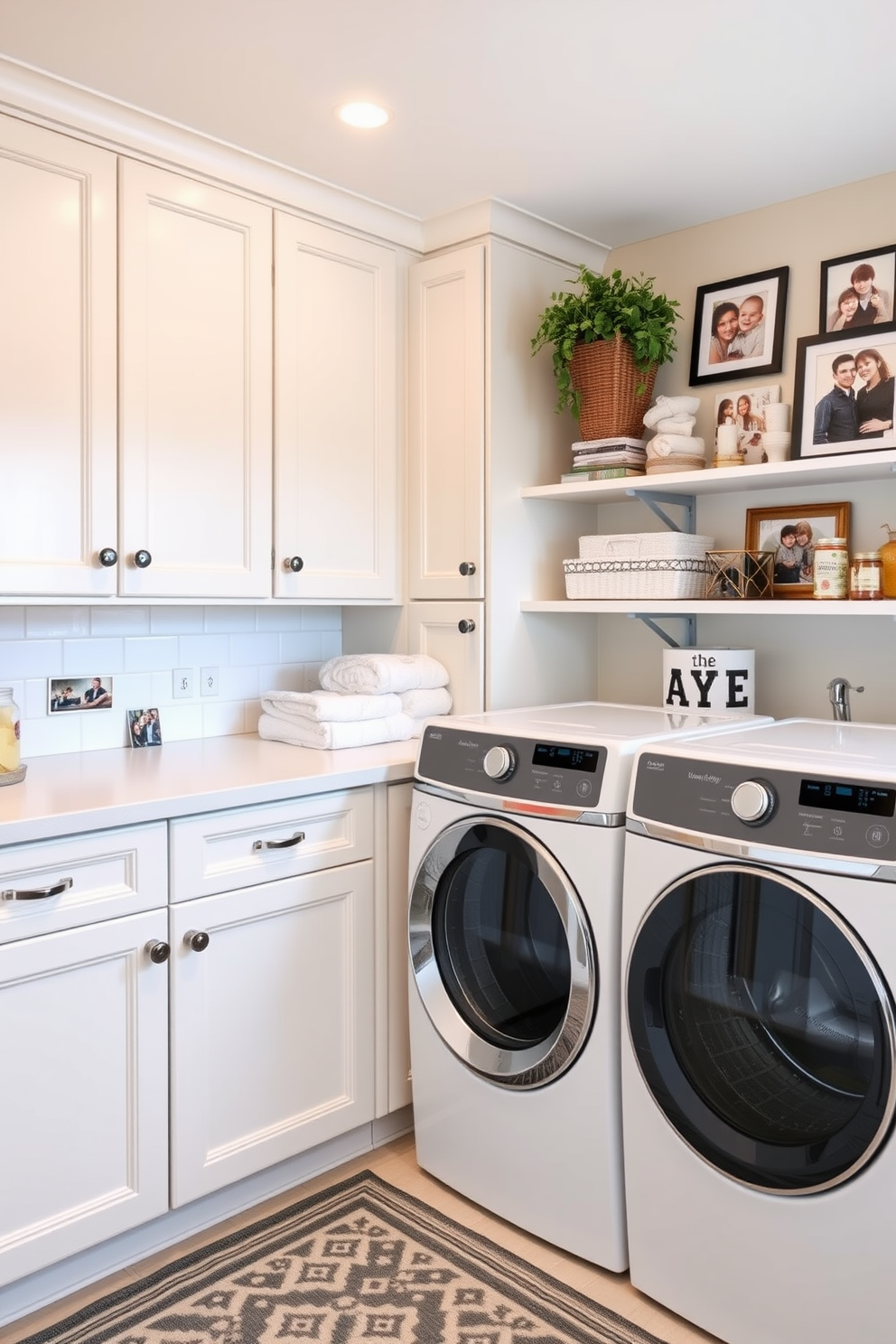 A large laundry room filled with personalized decor showcasing family photos on the walls. The space features ample cabinetry for storage, a spacious countertop for folding clothes, and a stylish washer and dryer set.