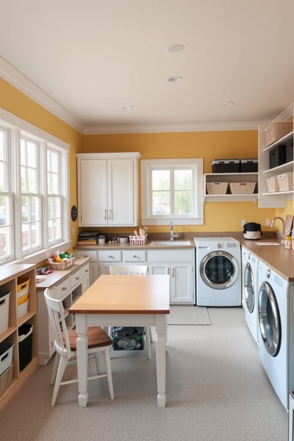 A spacious laundry room features a hidden ironing board cleverly integrated into the cabinetry for a seamless appearance. The room is designed with ample storage solutions, including built-in shelves and cabinets, to keep everything organized and out of sight. Bright white cabinetry contrasts with a soft gray backsplash, creating a fresh and inviting atmosphere. A large countertop provides plenty of workspace for folding laundry, while stylish baskets add a decorative touch to the room.