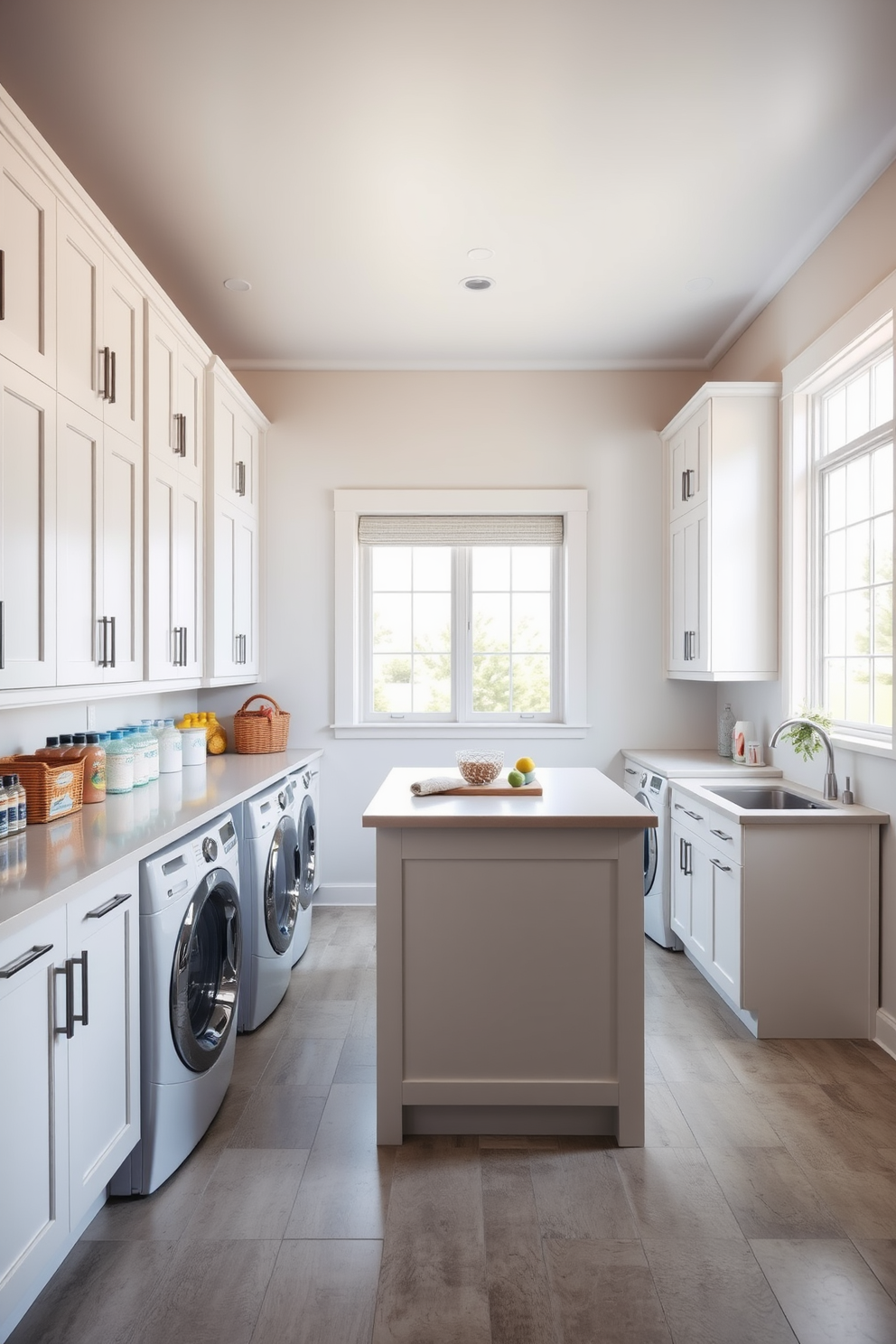 A spacious laundry room featuring stylish storage options with woven baskets neatly arranged on open shelves. The room is designed with light gray cabinetry, a large farmhouse sink, and a countertop for folding clothes, complemented by bright white walls and a durable tile floor.