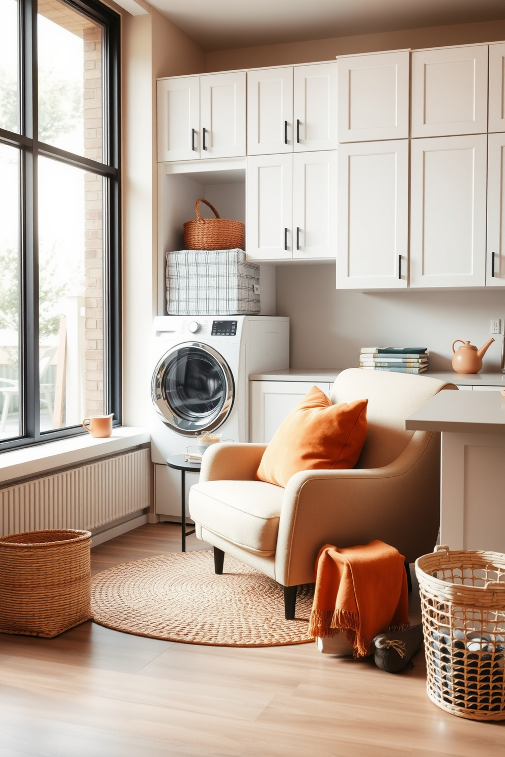 Cozy seating nook for relaxation. A plush oversized armchair is positioned next to a floor-to-ceiling window, allowing natural light to flood the space. Soft throw pillows in warm hues are scattered on the chair, and a small side table holds a steaming cup of tea. A woven rug lies beneath the chair, enhancing the inviting atmosphere of the nook. Large laundry room design ideas. The laundry room features a spacious countertop made of durable quartz for folding clothes, with ample storage cabinets above. A modern washer and dryer are stacked to save space, and a laundry basket sits in the corner, easily accessible for sorting.