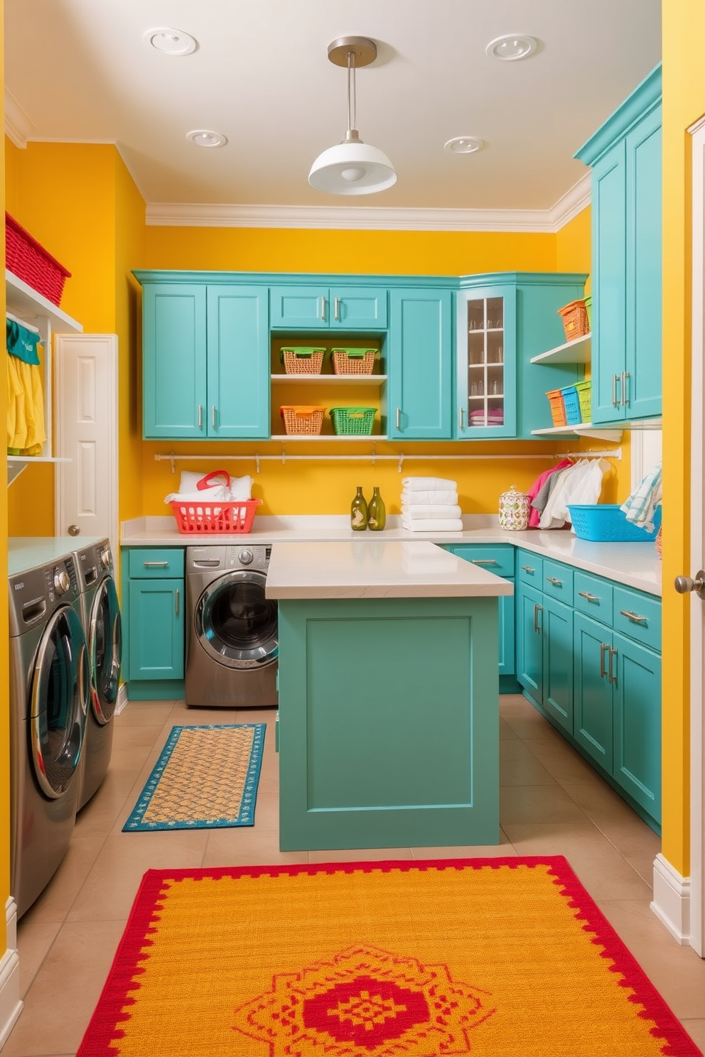 A spacious farmhouse-style laundry room features exposed wooden beams and shiplap walls painted in a soft white hue. Vintage accents include a reclaimed wood folding table and antique-style metal baskets for storage. The room is illuminated by a large, rustic chandelier hanging from the ceiling, creating a warm and inviting atmosphere. A farmhouse sink with a vintage faucet sits next to the window, surrounded by potted plants that add a touch of greenery.