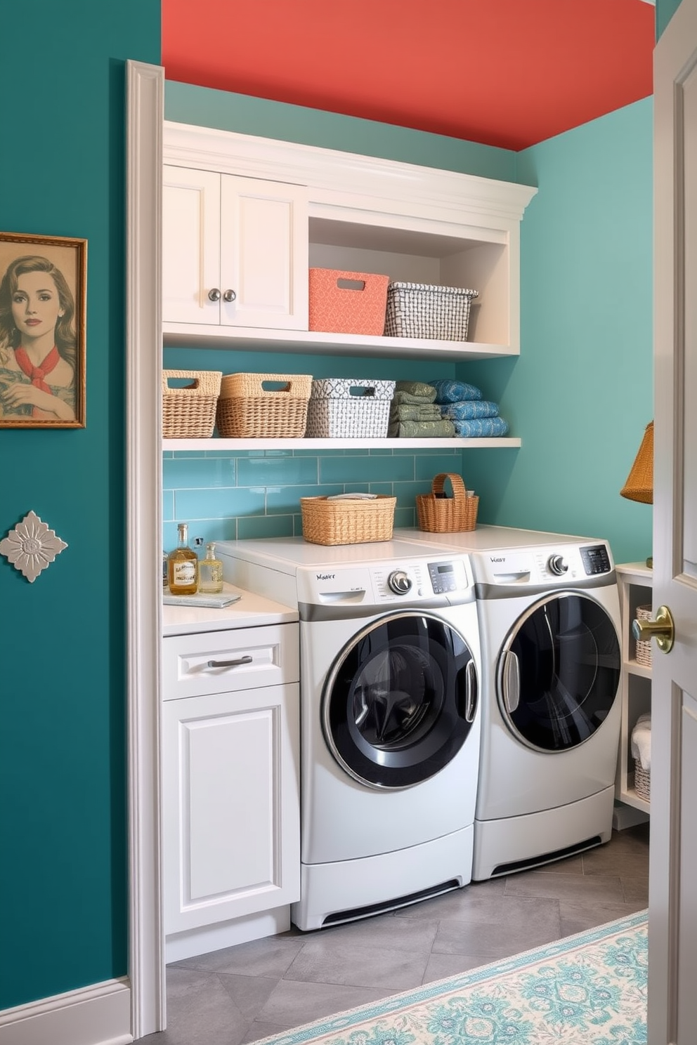 A spacious laundry room featuring open shelving for easy access to supplies. The walls are painted in a light gray hue, and the floor is adorned with large, white tiles for a clean look.