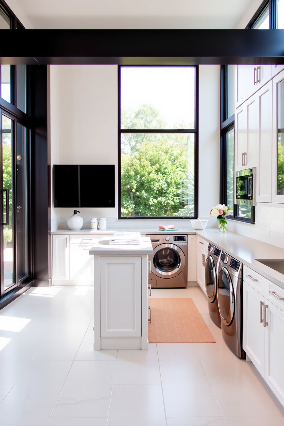 A spacious laundry room featuring smart appliances for maximum efficiency. The design includes a large island in the center with built-in storage and a sleek countertop for folding clothes. Bright white cabinetry lines the walls, complemented by a stylish backsplash in a soothing pastel color. Large windows allow natural light to flood the space, creating an inviting atmosphere for laundry tasks.