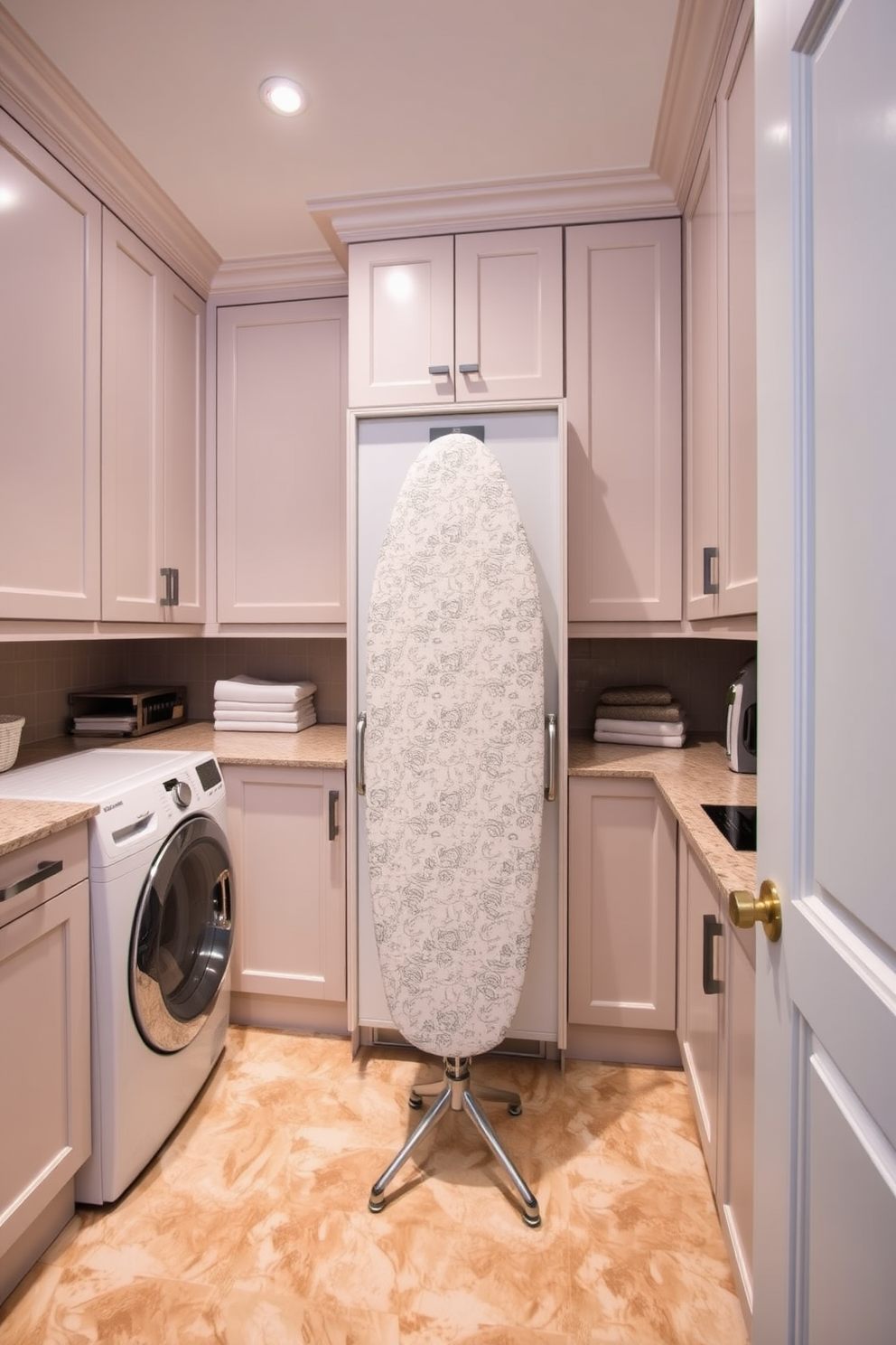 A spacious laundry room features a large folding table positioned centrally for efficiency and convenience. Surrounding the table are built-in cabinets for ample storage, with a stylish backsplash that adds a pop of color to the space. The walls are painted in a soft, light gray to create an airy atmosphere, while the floor is covered in durable, easy-to-clean tiles. A large window allows natural light to flood in, enhancing the bright and inviting feel of the room.