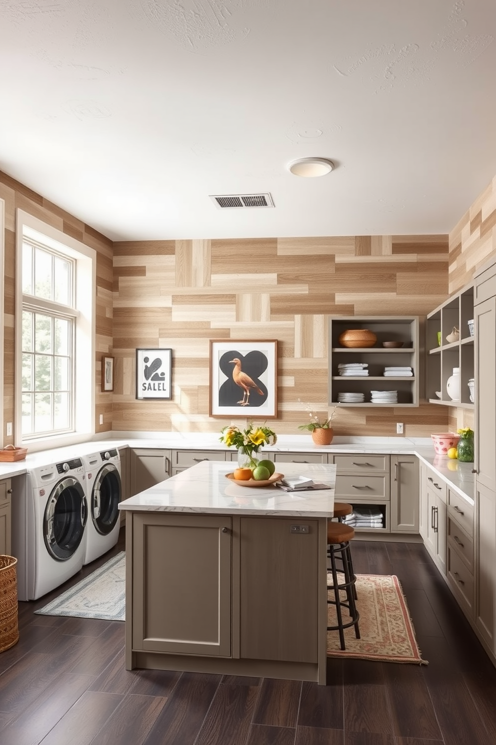 A spacious laundry room featuring textured wall treatments that add depth and interest. The walls are adorned with a mix of wood paneling and soft fabric accents, creating a warm and inviting atmosphere. In the center of the room, a large island with ample workspace is surrounded by stylish cabinetry and open shelving. Natural light floods the space through large windows, highlighting the organized storage solutions and vibrant decor.