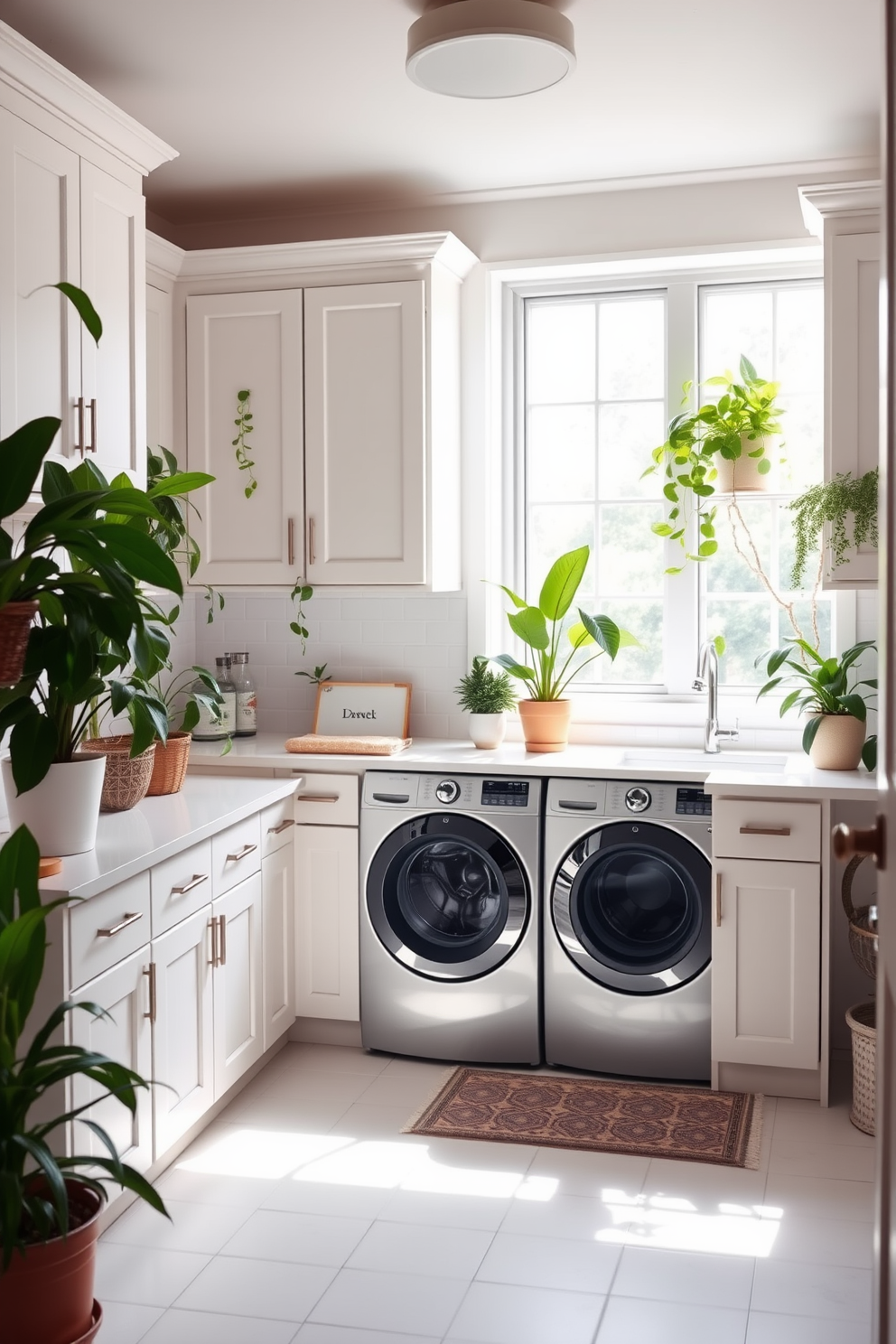 A large laundry room features ample storage with custom cabinetry and a spacious countertop for folding clothes. Full-length mirrors are strategically placed to enhance the sense of space and light, creating an inviting and functional environment.