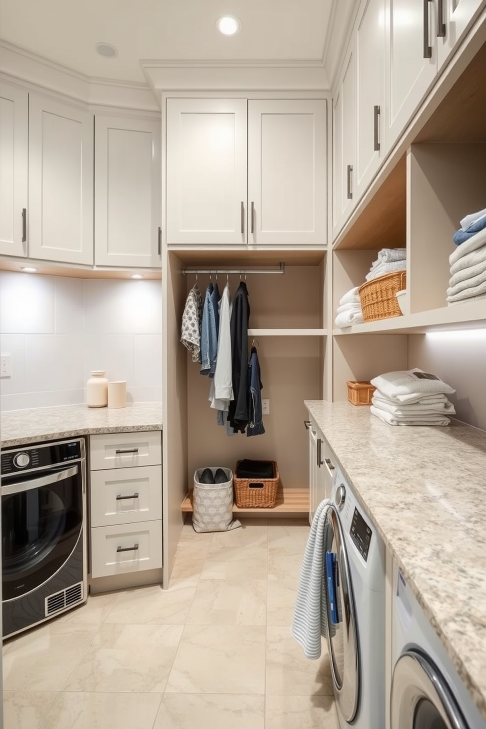 A spacious laundry room featuring a pull-out drying rack integrated into a custom-built cabinetry system. The room is bright and airy with soft white walls and ample natural light streaming in through a large window. The flooring is a durable gray tile that complements the sleek design of the cabinets. A large countertop made of quartz provides a functional workspace for folding clothes, while baskets for sorting laundry are neatly arranged nearby.