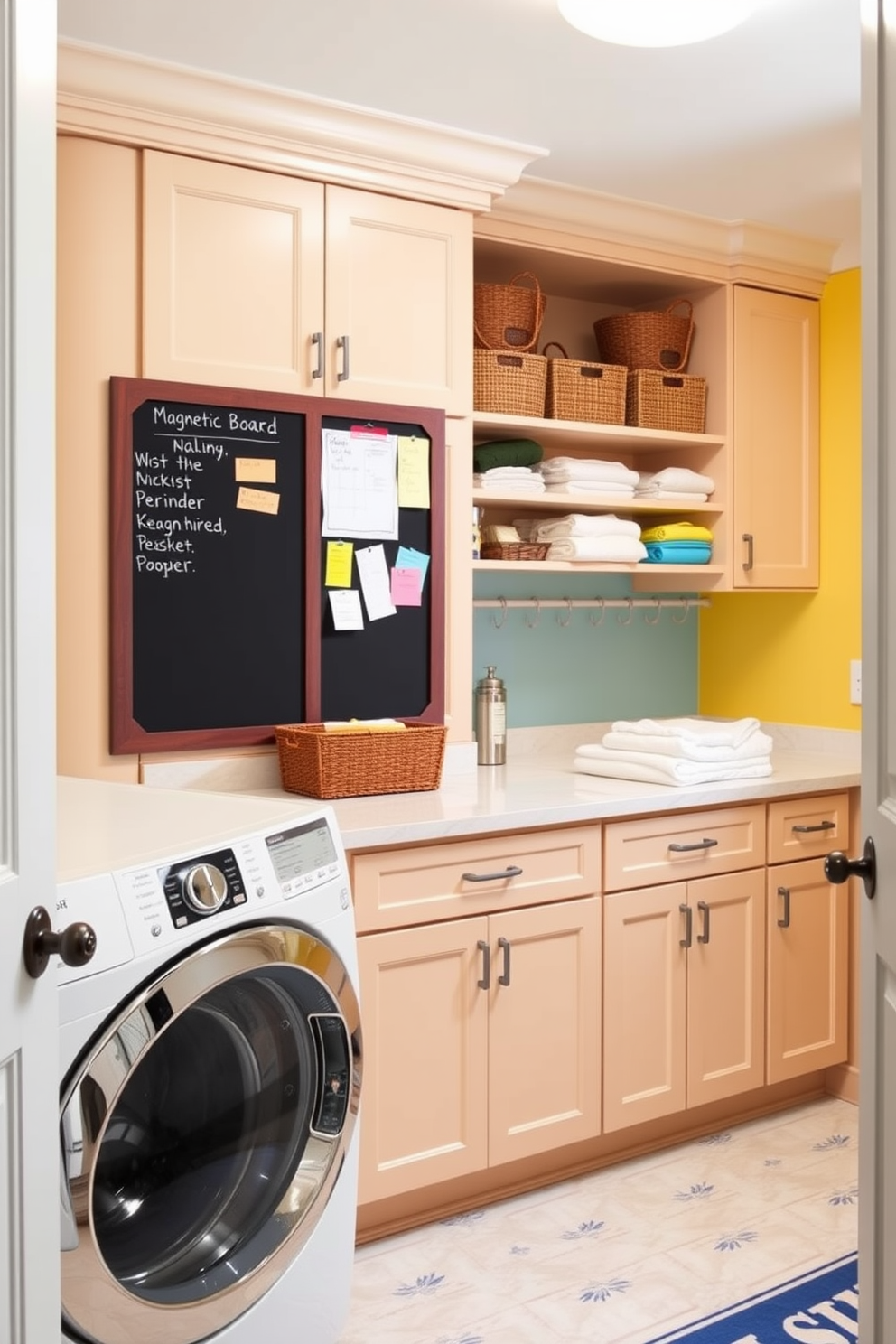 A spacious laundry room features a magnetic board mounted on the wall for notes and reminders. The room is designed with ample storage cabinets and a large countertop for folding clothes, complemented by bright, cheerful colors.