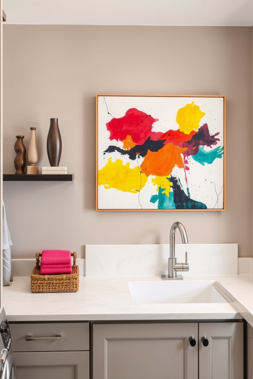 A large laundry room filled with vibrant colors that create a cheerful and inviting atmosphere. The walls are painted in a bright yellow shade, and the cabinets are a lively turquoise, providing a fun contrast. The spacious layout features a central island with a colorful countertop, surrounded by ample storage for laundry essentials. Large windows allow natural light to flood the space, enhancing the bright color palette and making the room feel open and airy.