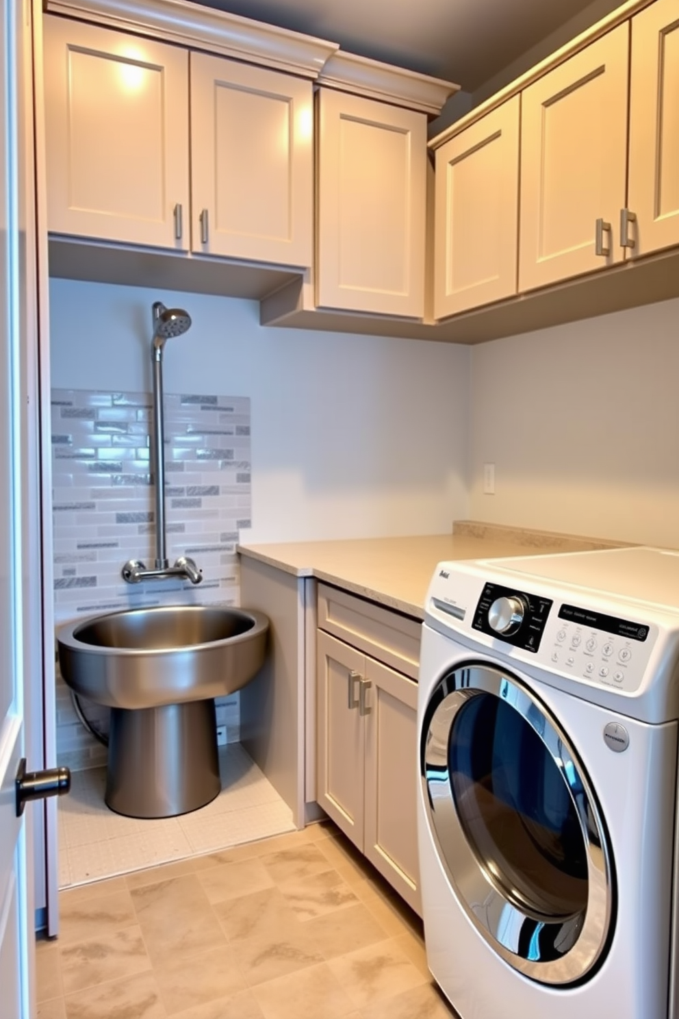 A spacious laundry room features a dedicated pet washing station with a tiled backsplash and a handheld showerhead. The room is equipped with ample cabinetry for storage, a large countertop for folding clothes, and a stylish washer and dryer set side by side.