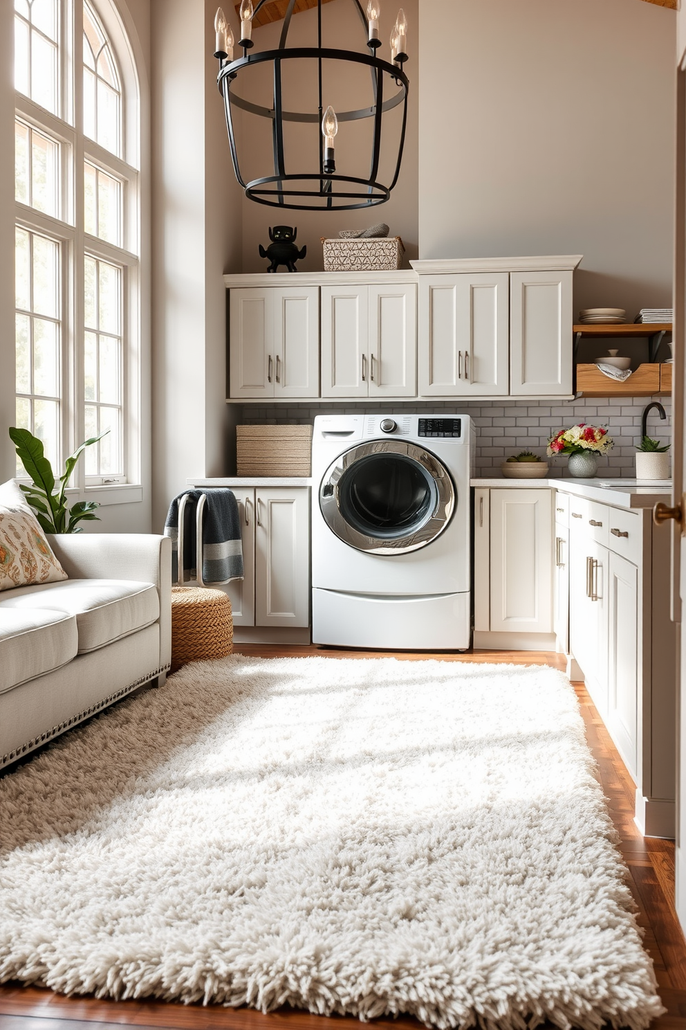 A spacious laundry room with ample storage solutions featuring white cabinetry and a large island for folding clothes. The room is illuminated by natural light streaming through a window, and a stylish rug adds warmth and comfort to the space.