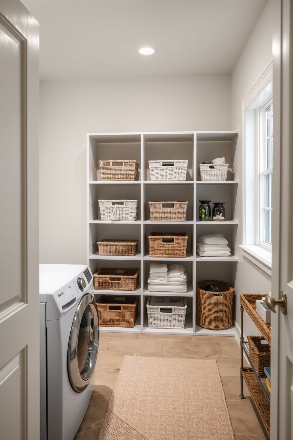 A spacious laundry room features a central island designed for folding and sorting clothes. The island is topped with a durable quartz surface and surrounded by ample cabinetry for storage. Bright white walls enhance the room's airy feel, while a large window provides natural light. Stylish baskets are neatly arranged on the shelves, adding both functionality and aesthetic appeal.