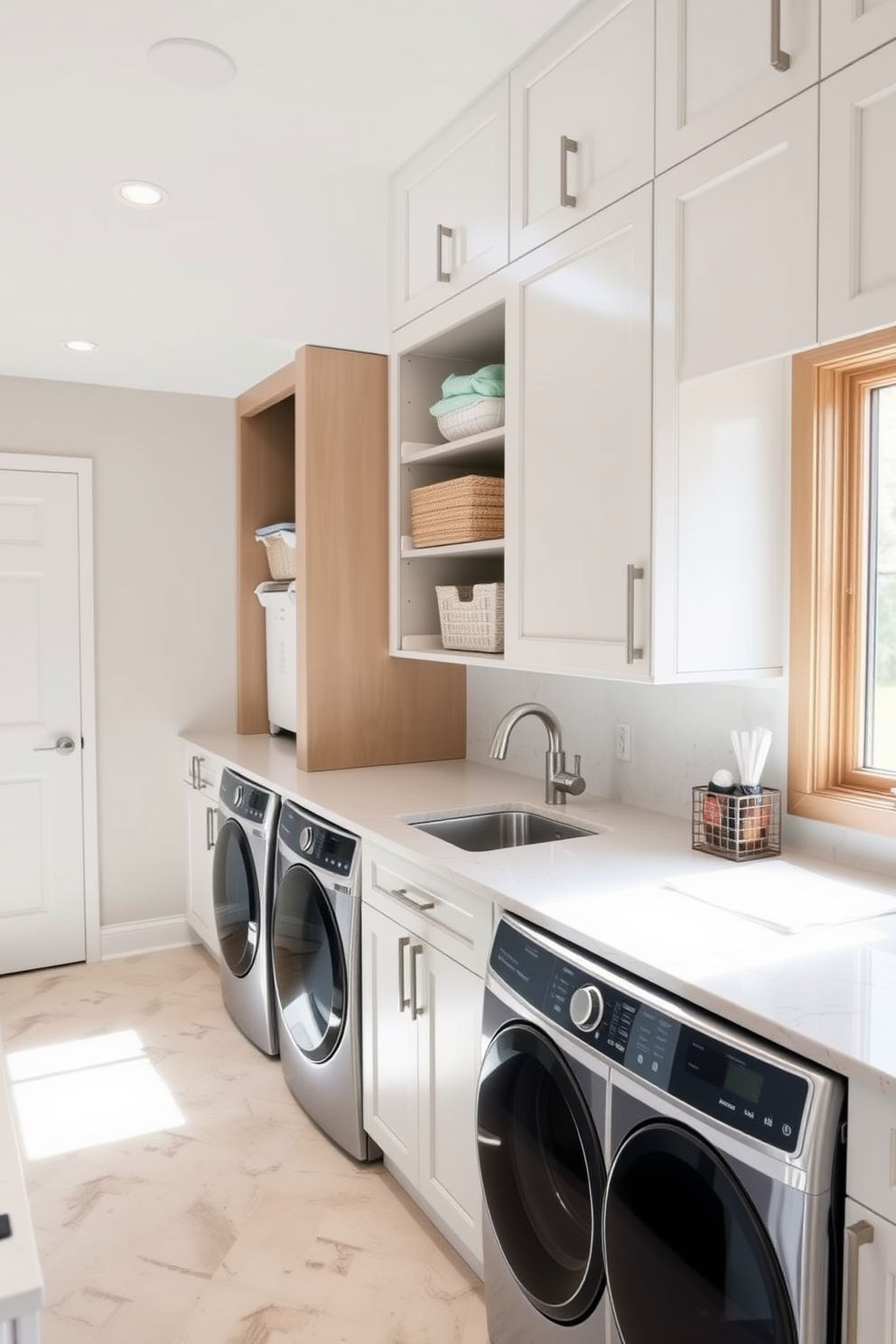 A spacious laundry room features built-in hampers seamlessly integrated into cabinetry for organized laundry storage. The room is illuminated by natural light streaming through a large window, highlighting the modern appliances and ample counter space for folding clothes.