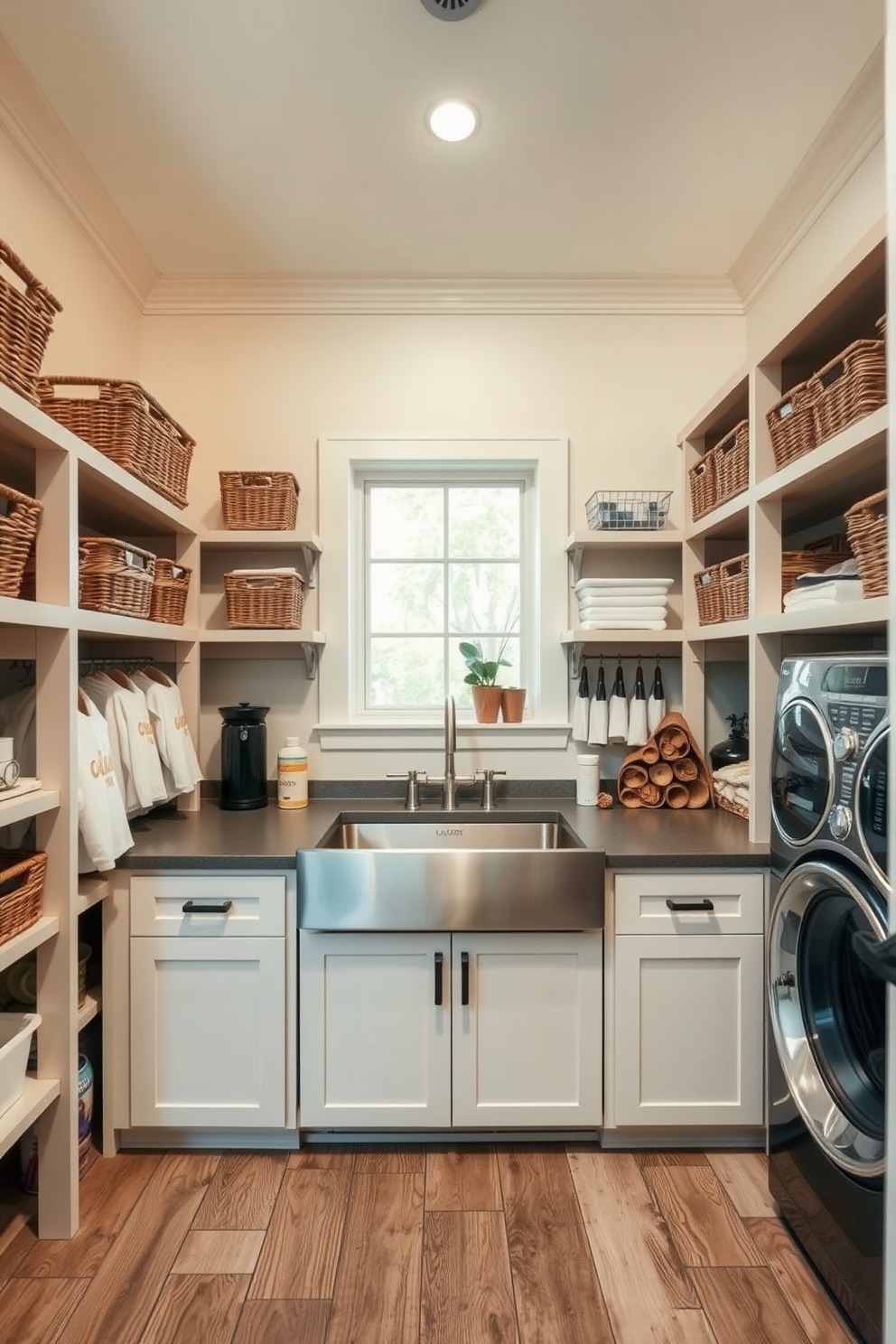 A spacious laundry room featuring a large farmhouse sink made of stainless steel, surrounded by open shelving filled with neatly arranged baskets and laundry supplies. The walls are painted in a soft cream color, and the floor is adorned with rustic wooden planks, enhancing the cozy farmhouse aesthetic.