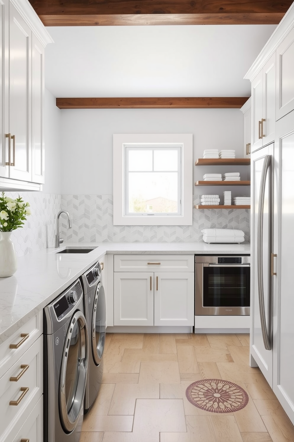 A stylish backsplash featuring intricate geometric tiles in soft pastel colors adds visual interest to the space. The large laundry room is designed with ample counter space, equipped with modern appliances and organized storage solutions.