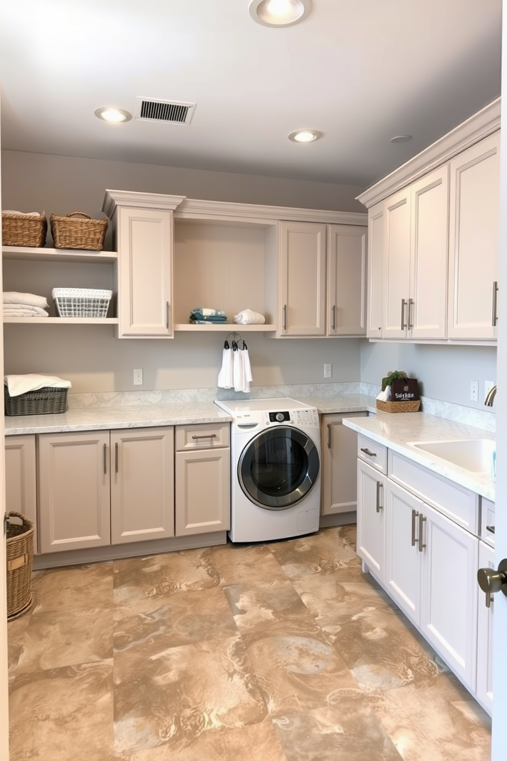 A spacious laundry room featuring durable flooring designed to withstand heavy use. The space includes ample cabinetry for storage, a large countertop for folding clothes, and a utility sink for convenience.