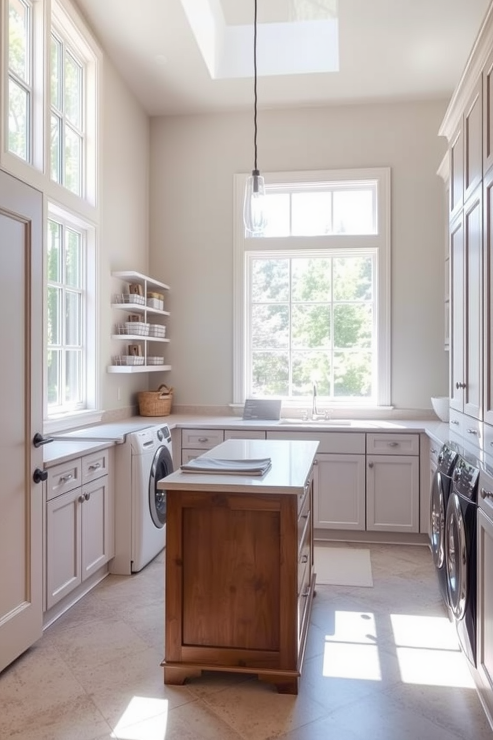 A spacious laundry room filled with natural light streaming through large windows. The room features a central island with a countertop for folding clothes, surrounded by built-in cabinets and open shelving for storage.