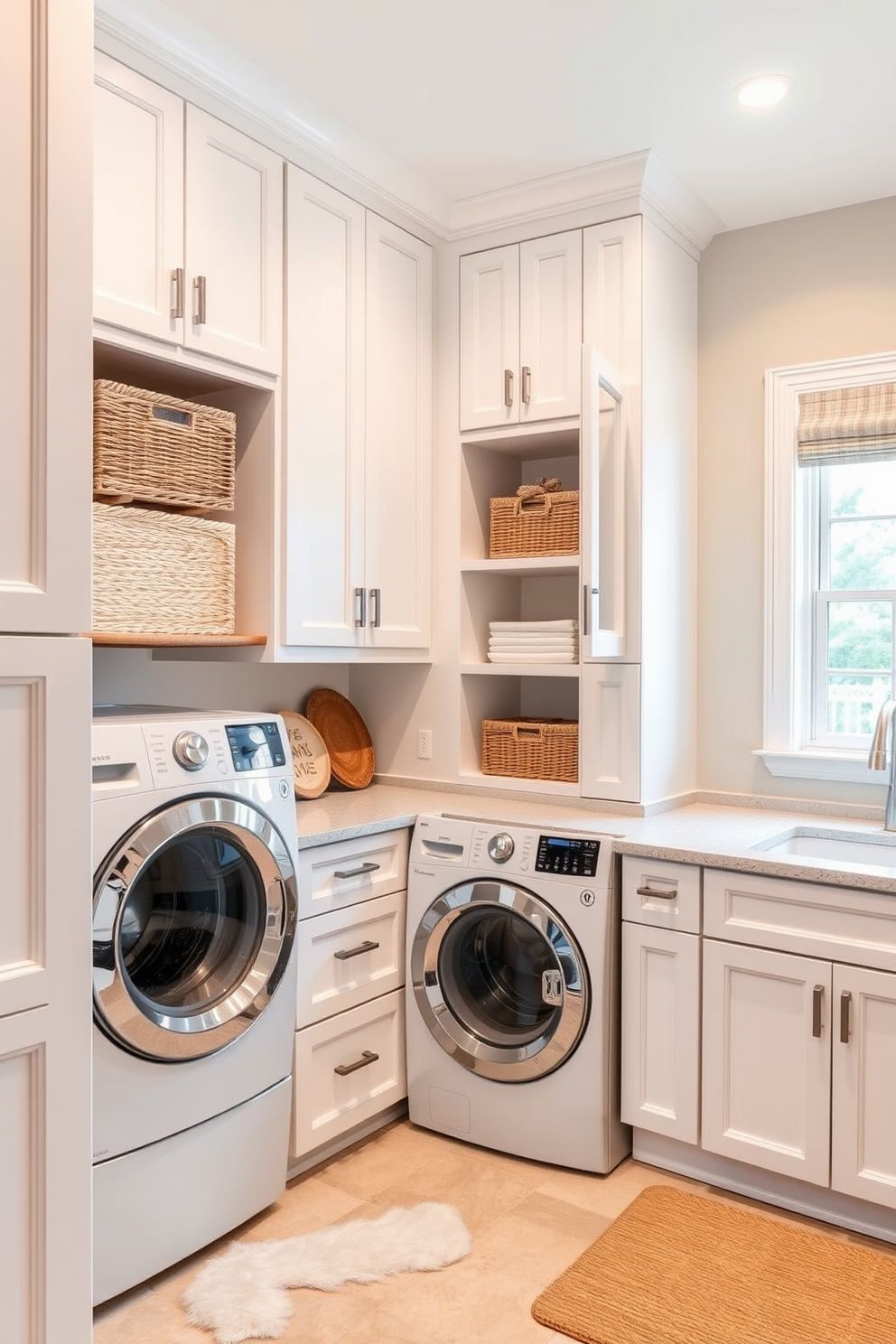 A spacious laundry room features cleverly designed cabinets that maximize storage while maintaining a sleek aesthetic. The cabinets are painted in a soft white hue, complemented by brushed nickel hardware for a modern touch. Incorporated into the design are open shelving units that display neatly arranged baskets and decorative items. The room is brightened by natural light streaming in through a large window, enhancing the inviting atmosphere.