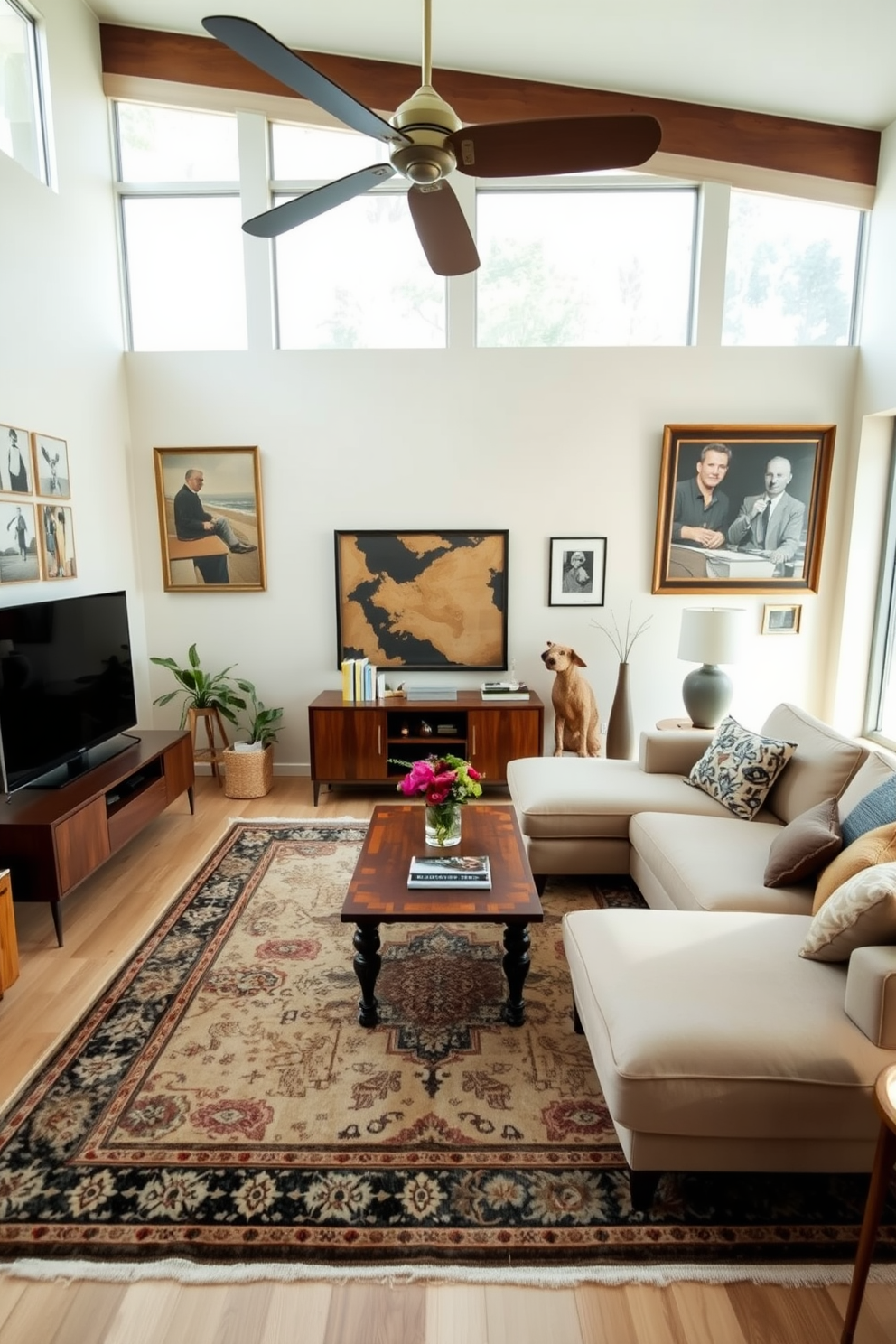 A spacious living room featuring a blend of modern and vintage decor elements. The room showcases a contemporary sectional sofa in a neutral color paired with an antique wooden coffee table. On one side, a sleek entertainment unit contrasts with a vintage area rug that adds warmth to the space. Large windows allow natural light to flood in, highlighting a mix of modern art pieces and vintage photographs on the walls.