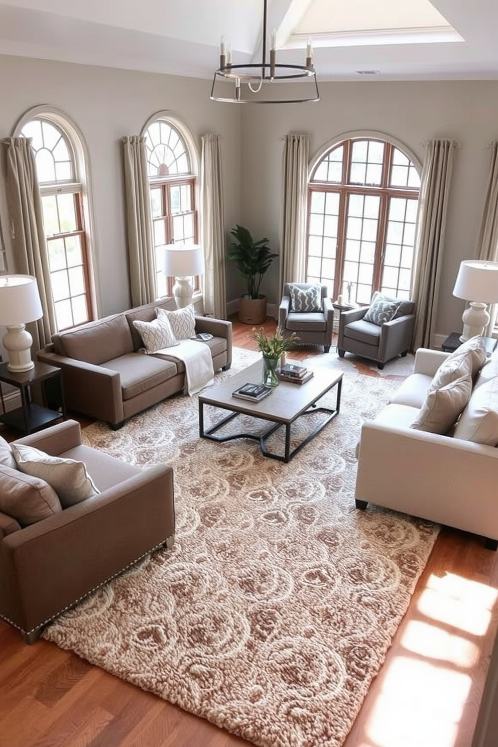 A spacious living room features an area rug that defines multiple conversation zones. The rug is plush and inviting, with a modern geometric pattern that complements the surrounding furniture.