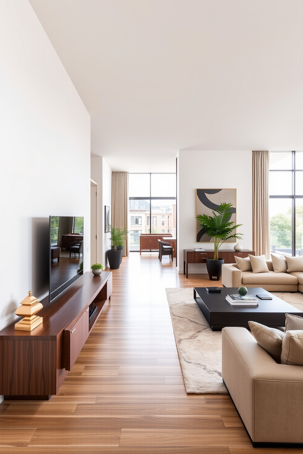 A sleek media console is positioned against the wall, featuring a combination of open shelves and closed cabinets for storage. The console is finished in a rich walnut wood, providing a warm contrast to the light-colored walls. The large living room is designed with an open layout, showcasing a spacious seating area with a plush sectional sofa and a stylish coffee table. Floor-to-ceiling windows allow natural light to flood the space, highlighting the elegant decor and modern artwork on the walls.