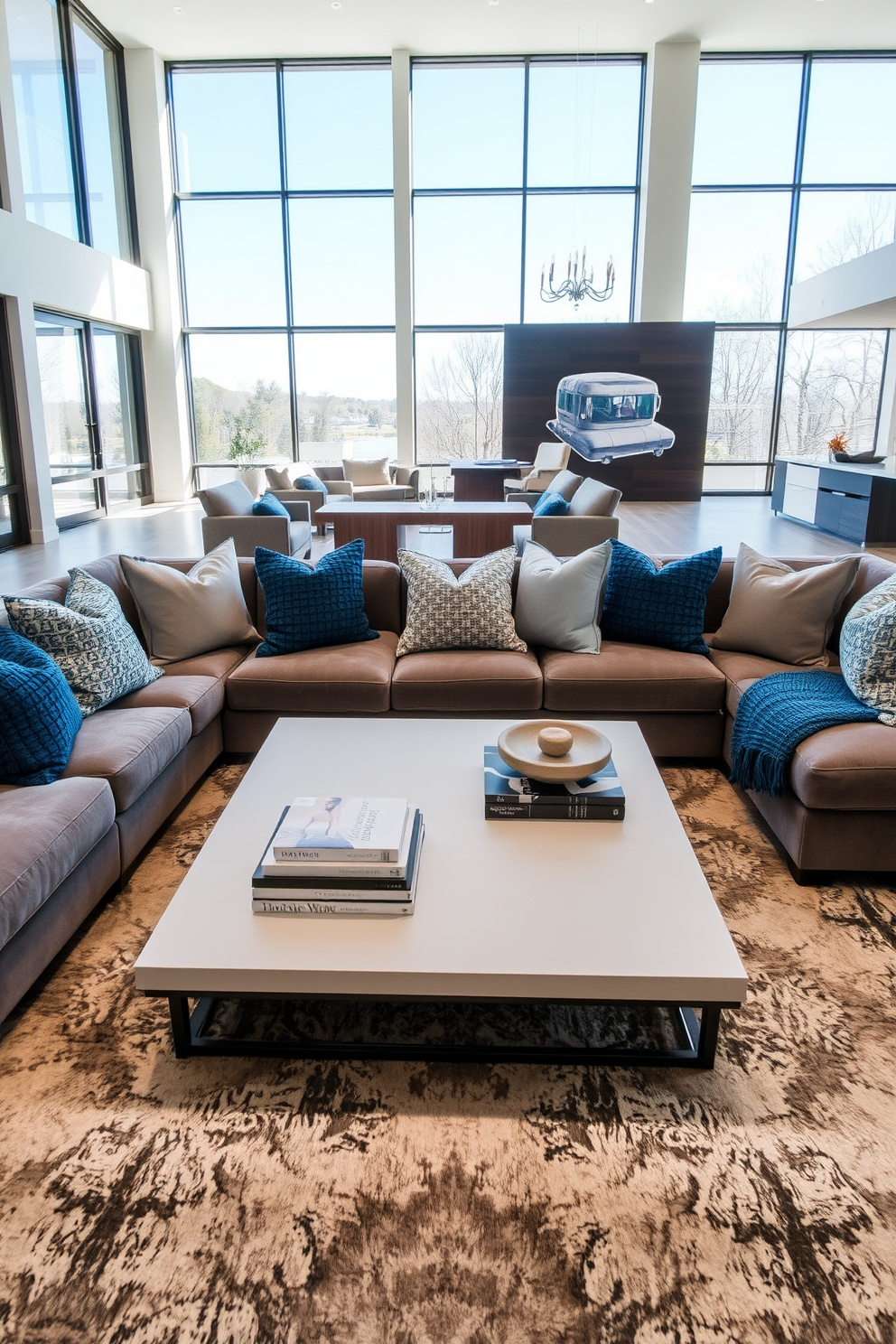 Textured throw pillows in various shades of blue and gray are scattered across a plush sectional sofa, adding layers of comfort and style. The large living room features an open layout with floor-to-ceiling windows that allow natural light to flood the space, creating a warm and inviting atmosphere. A sleek coffee table sits in the center, adorned with a stack of art books and a decorative bowl. The walls are painted in a soft neutral tone, complemented by a statement area rug that ties the entire room together.