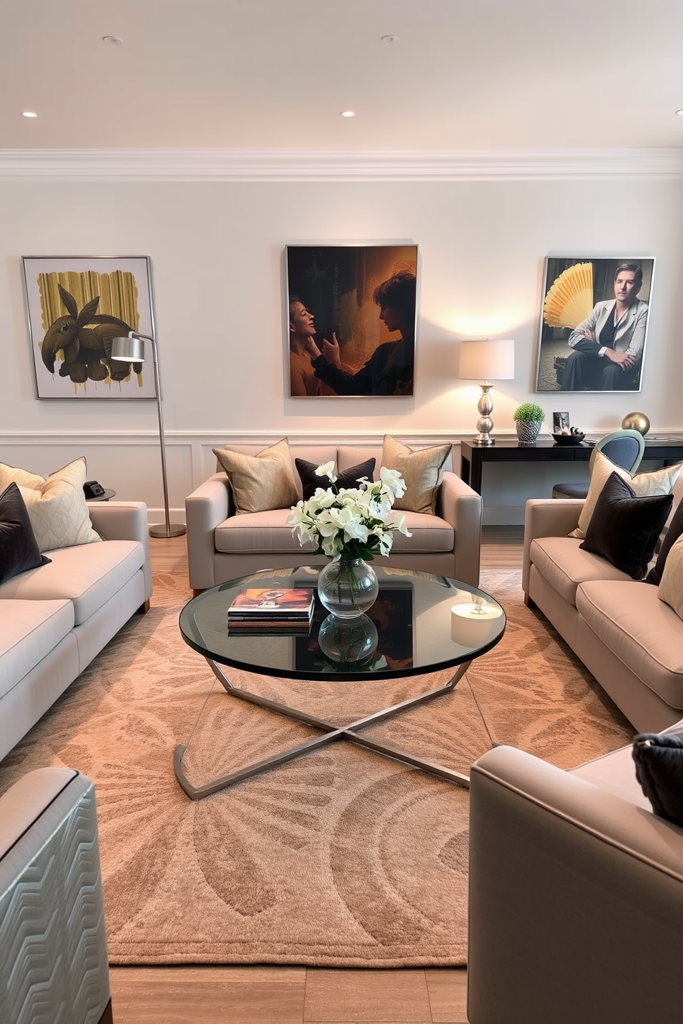 A spacious living room features a large area rug that defines the seating area, creating a cozy atmosphere. The rug is layered over hardwood flooring, complementing a plush sectional sofa and a set of accent chairs. In another zone, a contrasting area rug is used under a coffee table, adding texture and warmth to the space. The room is adorned with stylish decor, including a statement chandelier and vibrant wall art that enhance the overall design.