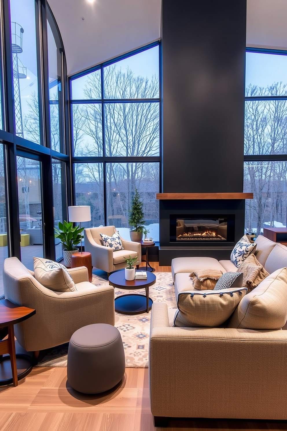 A reading nook with a cozy armchair setup. The space features a plush armchair upholstered in soft fabric, positioned next to a small wooden side table. Large living room design ideas include an expansive layout with a sectional sofa facing a modern fireplace. The room is adorned with large windows that allow natural light to flood in, complemented by a stylish area rug and decorative throw pillows.