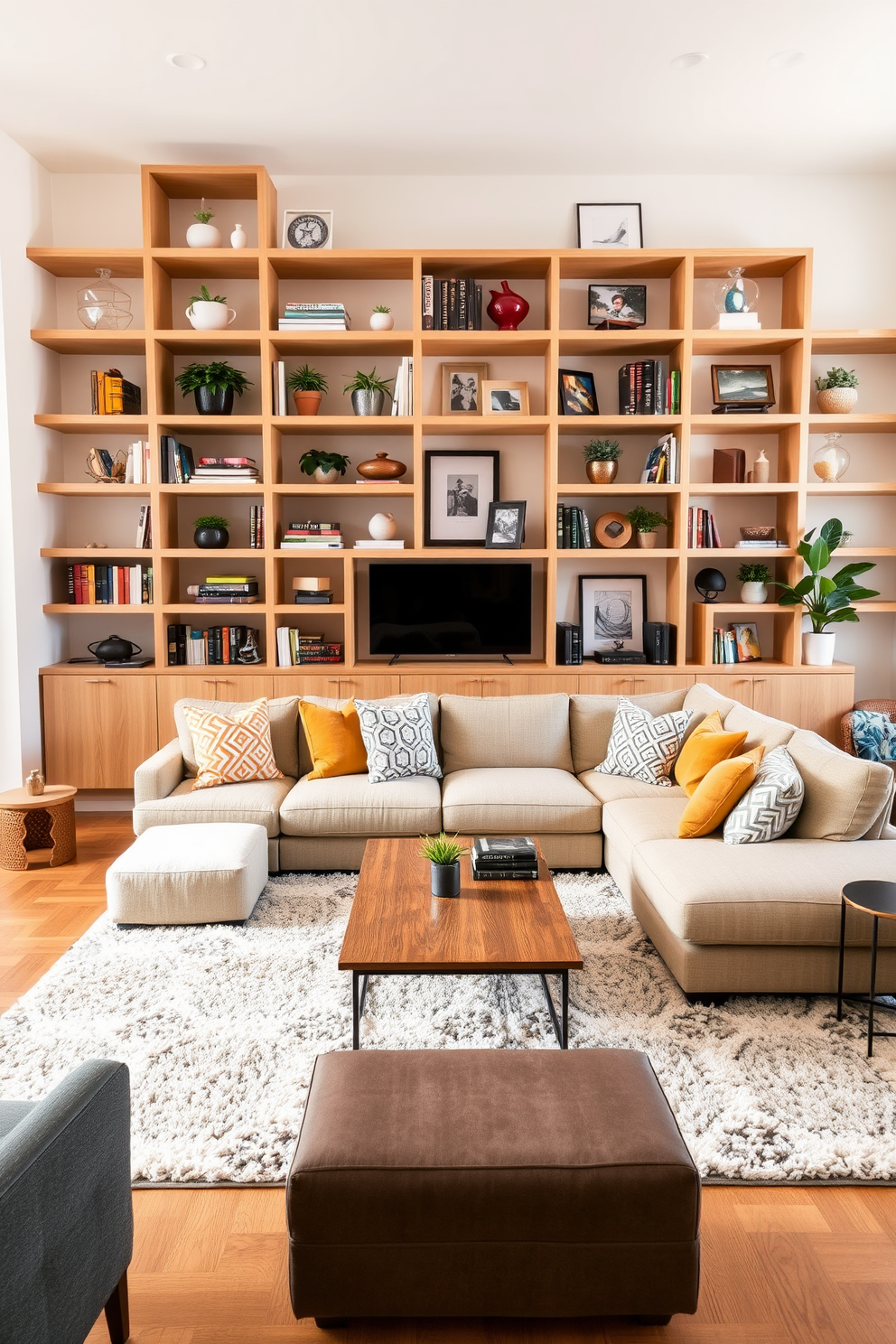 A spacious living room featuring open shelving that showcases an array of decorative items such as books, plants, and art pieces. The shelves are made of light wood and are arranged asymmetrically on the wall, creating a modern yet inviting focal point in the room. The living room is furnished with a large sectional sofa in a neutral fabric, complemented by colorful throw pillows for added comfort. A stylish coffee table sits in the center, surrounded by a plush area rug that ties the space together with warmth and texture.