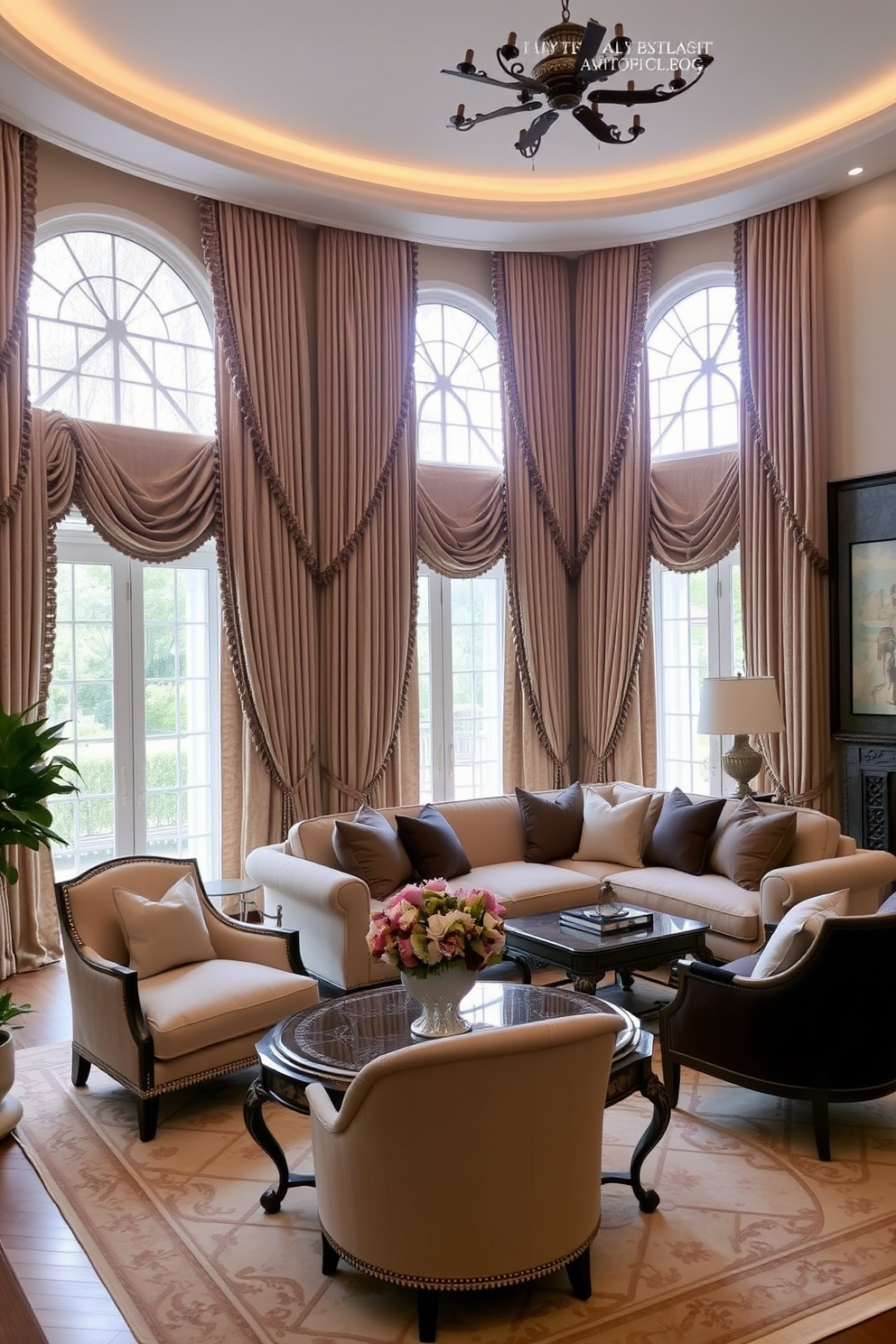 Elegant drapery framing the windows beautifully enhances the overall ambiance of the space. The fabric features a rich texture and a soft color palette, creating a warm and inviting atmosphere. The large living room is designed with a mix of contemporary and classic furniture pieces. A plush sectional sofa is paired with an ornate coffee table, while accent chairs add a touch of sophistication.