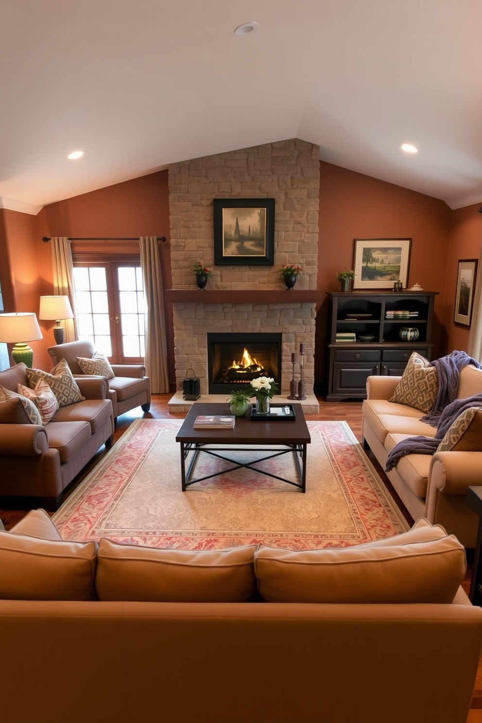 A cozy fireplace serves as the focal point of a spacious living room, surrounded by plush seating options that invite relaxation. The walls are adorned with warm, earthy tones, complemented by soft lighting that enhances the inviting atmosphere. A large area rug anchors the seating arrangement, while a coffee table in the center provides a perfect spot for drinks and books. Decorative throw pillows and blankets add a touch of comfort, making the space ideal for gatherings or quiet evenings by the fire.