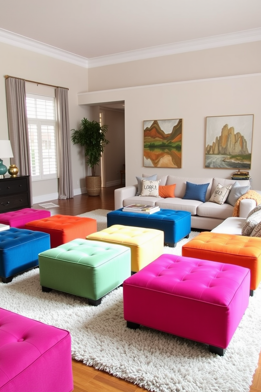 A large living room featuring vibrant colorful ottomans arranged for extra seating options. The walls are painted in a soft neutral tone, and a plush area rug anchors the space, complementing the lively colors of the ottomans.