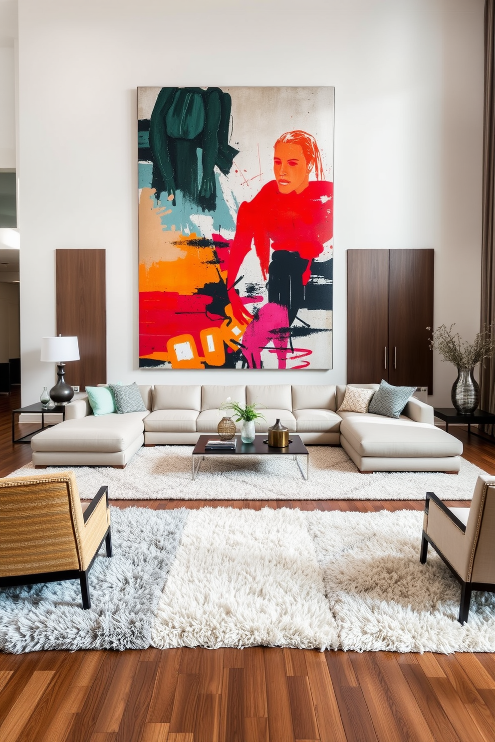 A large living room features a stunning focal point with oversized artwork that commands attention. The artwork is a vibrant abstract piece, filling the wall above a sleek, modern sectional sofa in neutral tones. The space is designed with an open layout, incorporating a mix of textures and materials for visual interest. Plush area rugs define the seating area, while stylish accent chairs complement the overall aesthetic.