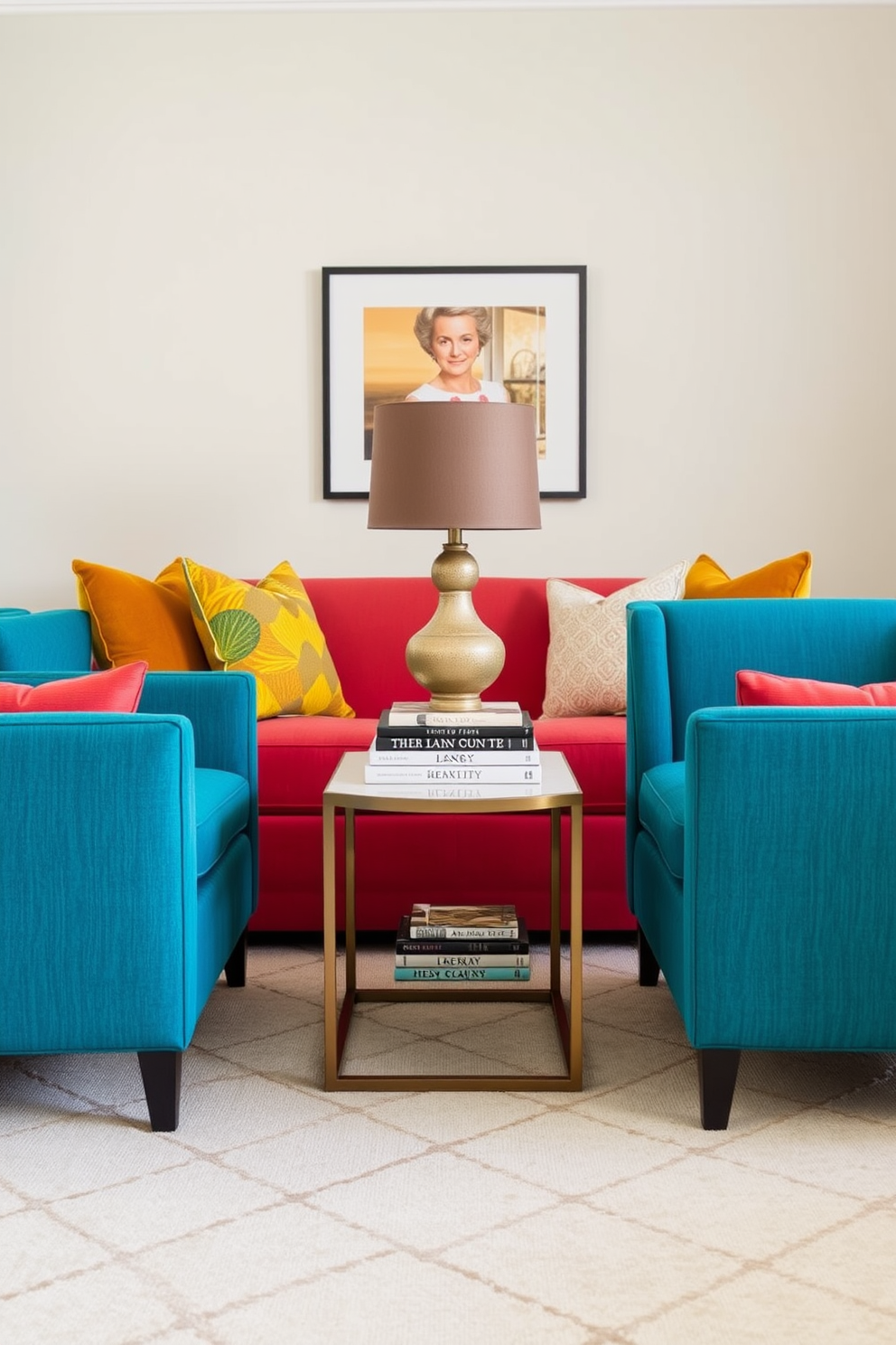 A spacious living room adorned with bold patterned upholstery that adds a vibrant touch to the space. The furniture includes a large sectional sofa upholstered in a geometric print, complemented by colorful throw pillows and a statement coffee table at the center. The walls are painted in a soft neutral tone to balance the bold patterns, while a large area rug with intricate designs anchors the seating area. Floor-to-ceiling windows allow natural light to flood the room, enhancing the lively atmosphere and showcasing a stunning view outside.