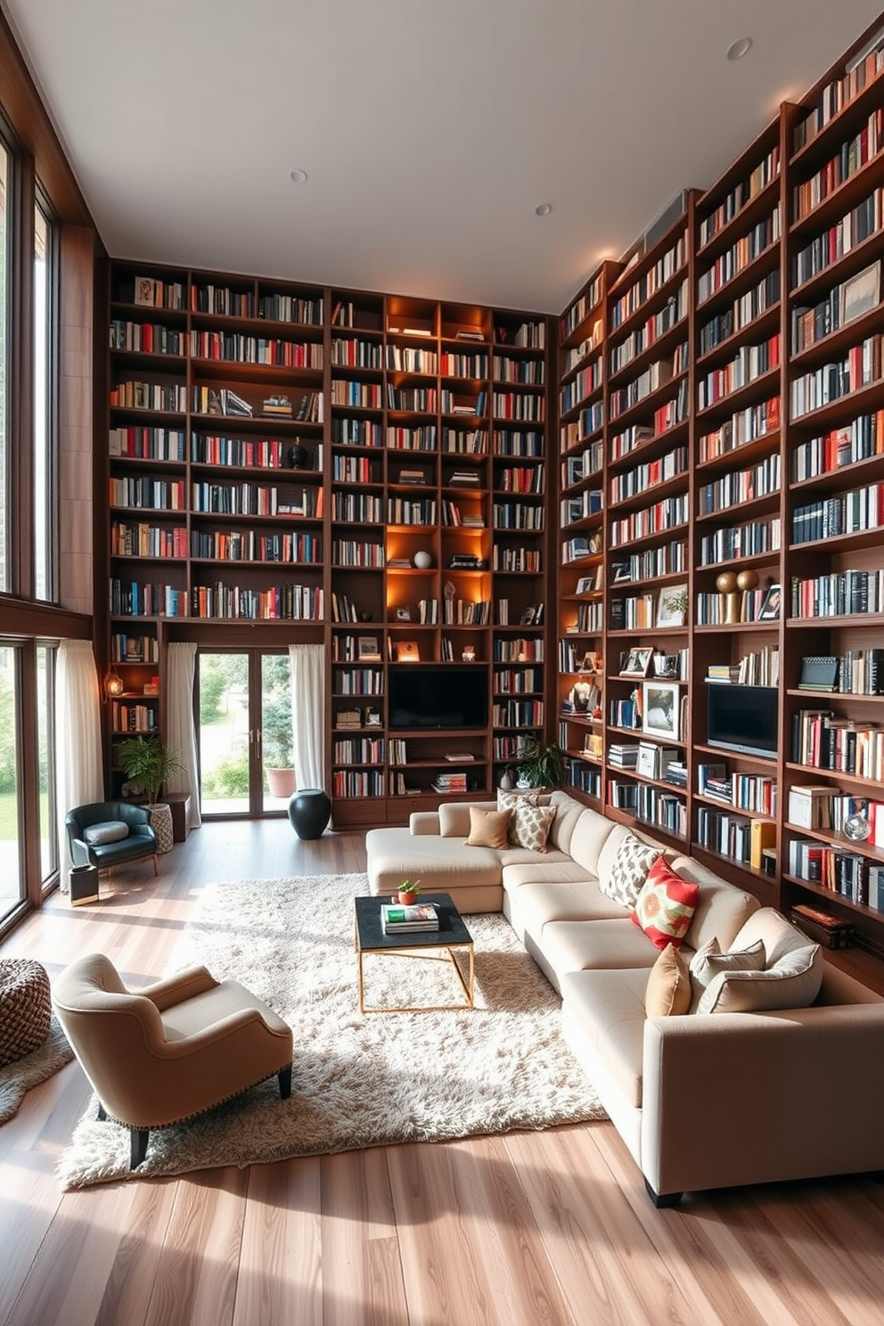 A spacious living room with floor-to-ceiling bookshelves that create a cozy library atmosphere. The shelves are filled with an array of books, accented by decorative items and warm lighting. The seating area features a large sectional sofa in a neutral tone, paired with a stylish coffee table. A plush area rug anchors the space, while large windows allow natural light to flood in, enhancing the inviting ambiance.