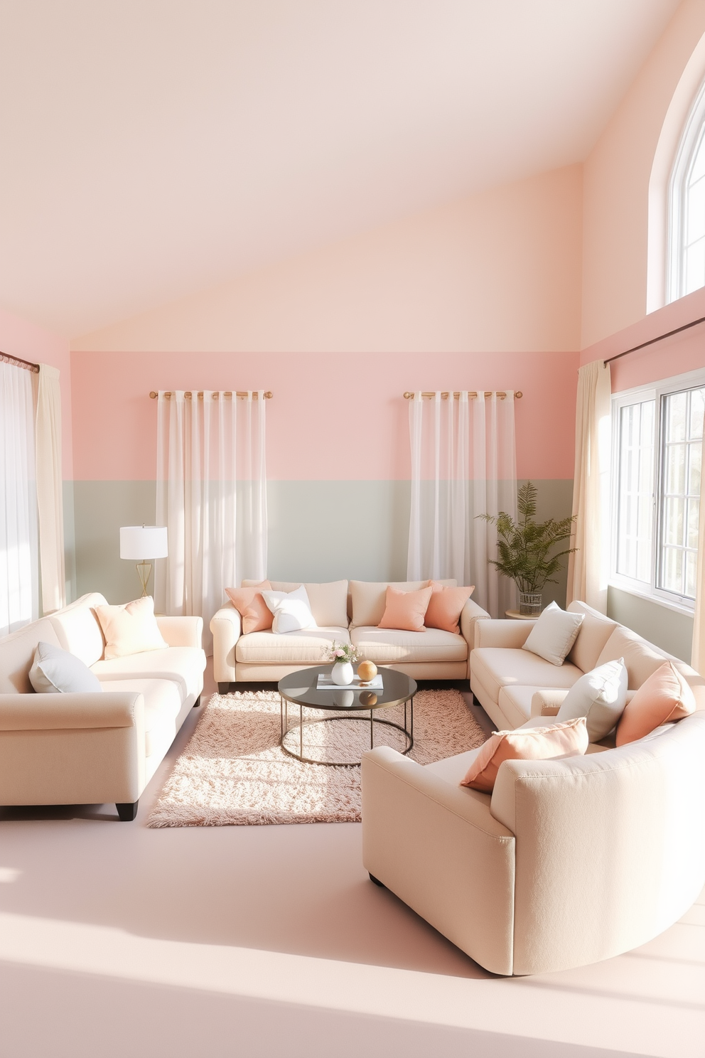 A spacious living room featuring soft color gradients that create a calming atmosphere. The walls are painted in gentle pastel hues, complemented by plush furniture in coordinating shades for a cohesive look. Natural light pours in through large windows adorned with sheer curtains, enhancing the serene ambiance. A cozy area rug anchors the seating arrangement, while decorative cushions add subtle pops of color.