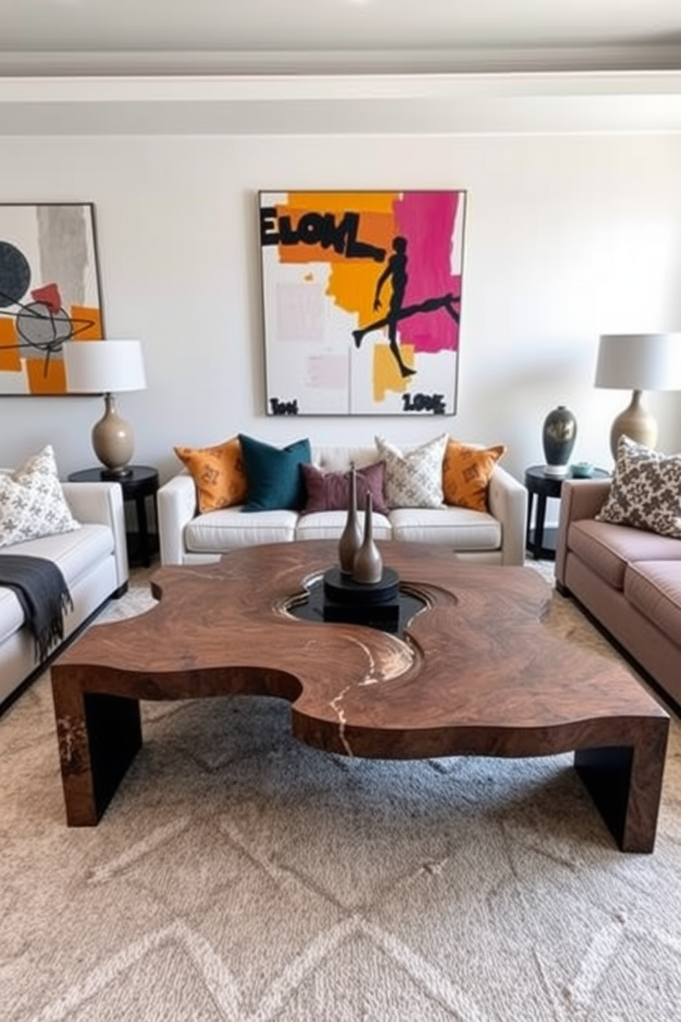 A unique coffee table with artistic flair is the centerpiece of a spacious living room. Surrounding the table are plush sofas in neutral tones, accented with vibrant throw pillows that add a pop of color. The walls are adorned with large abstract art pieces that complement the table's design. A soft area rug in a geometric pattern anchors the seating arrangement, creating a cozy and inviting atmosphere.