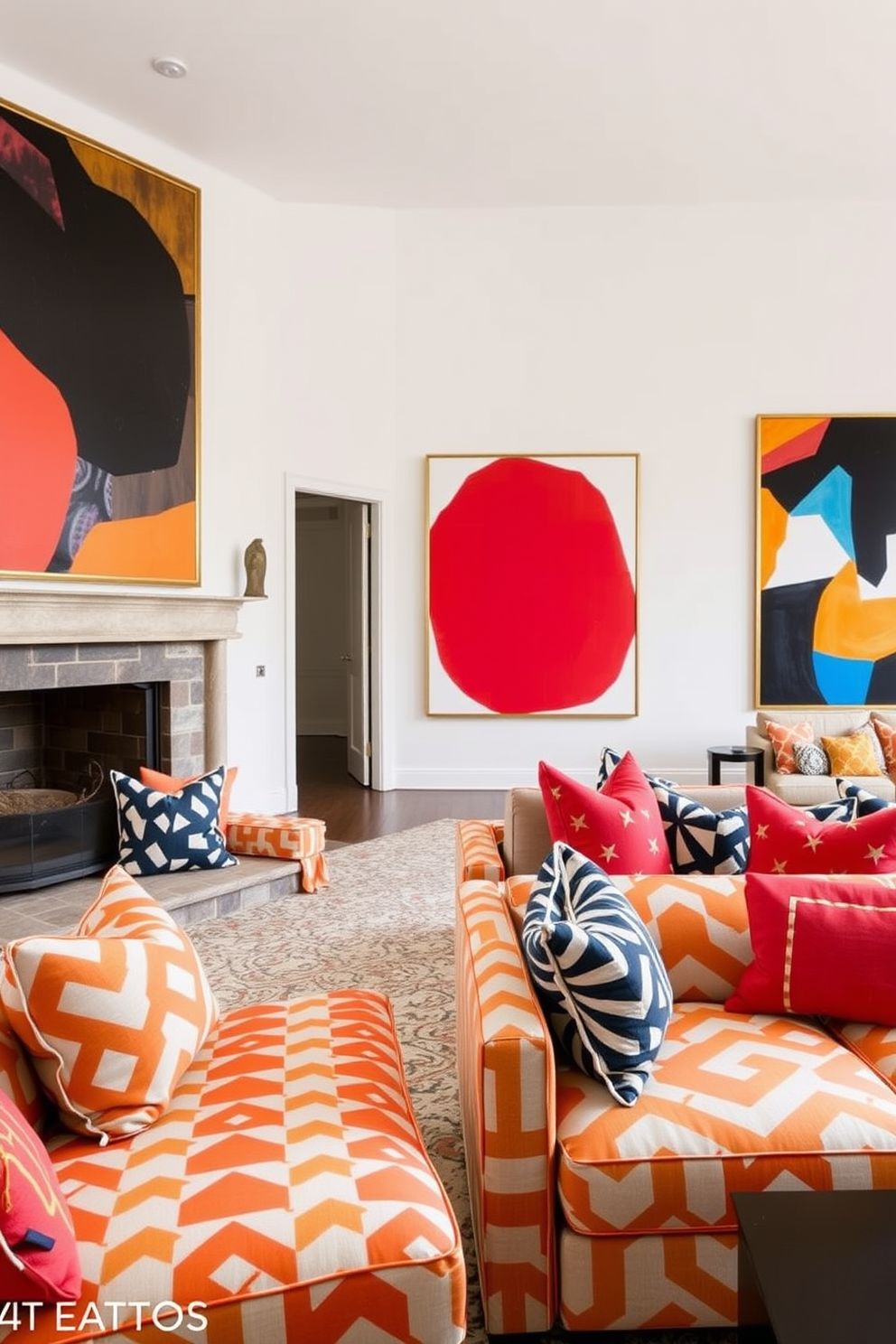 A large living room features bold geometric patterns on the upholstery and decorative pillows. The walls are adorned with oversized artwork that complements the vibrant color scheme, creating an inviting and dynamic atmosphere.