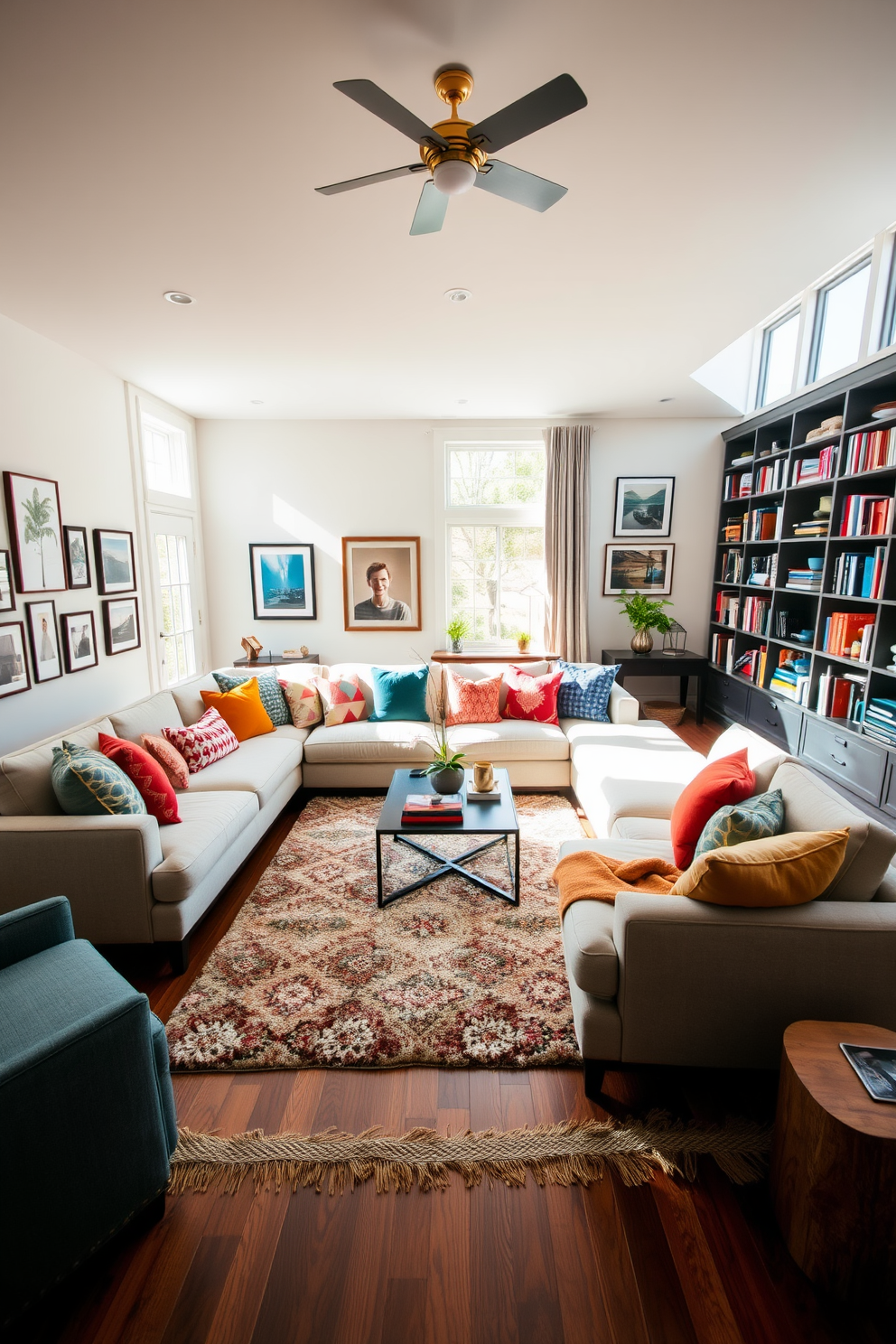 A spacious living room filled with natural light features a large sectional sofa adorned with colorful throw pillows. A stylish coffee table sits in the center, surrounded by a plush area rug that adds warmth to the space. The walls are decorated with a mix of personal artwork and framed photographs that showcase your unique taste. Floor-to-ceiling bookshelves line one side of the room, filled with books and decorative items that reflect your personality.