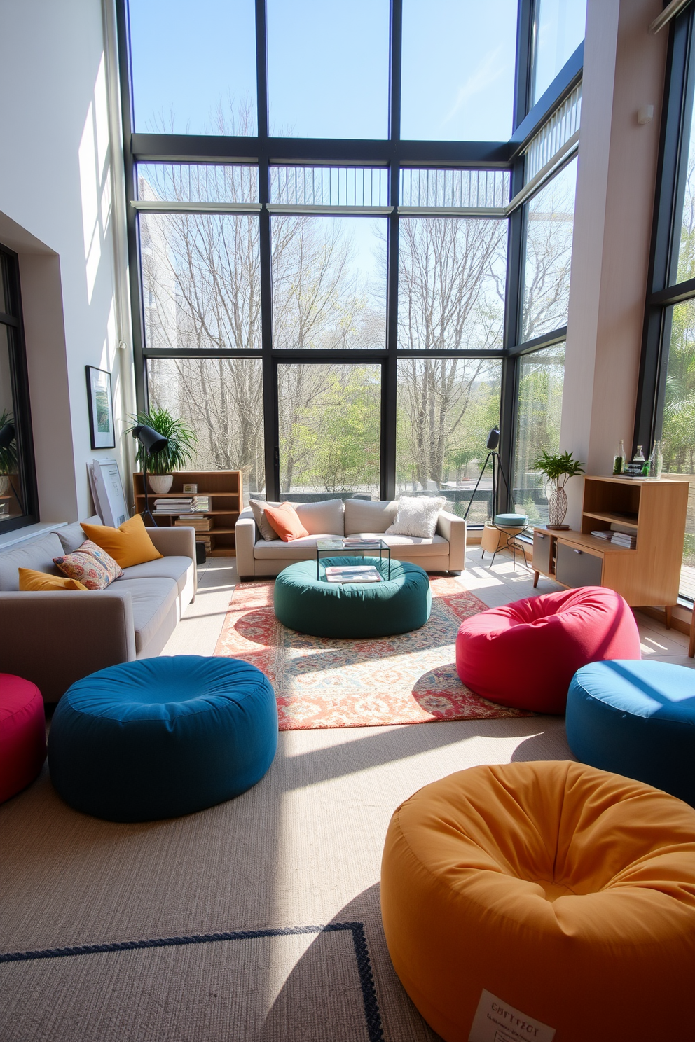 A spacious living room filled with flexible seating options including colorful poufs and cozy bean bags. The room features large windows that allow natural light to flood in, creating an inviting atmosphere.