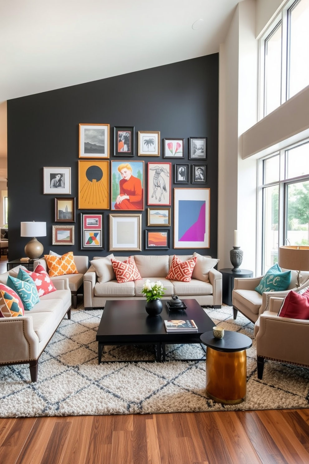 A large living room featuring a bold accent wall adorned with an eclectic display of framed artwork. The space is filled with a plush sectional sofa in neutral tones, complemented by vibrant throw pillows that echo the colors in the artwork. A sleek coffee table sits in the center, surrounded by stylish accent chairs that invite conversation. Large windows allow natural light to flood the room, highlighting a cozy area rug that ties the design together.