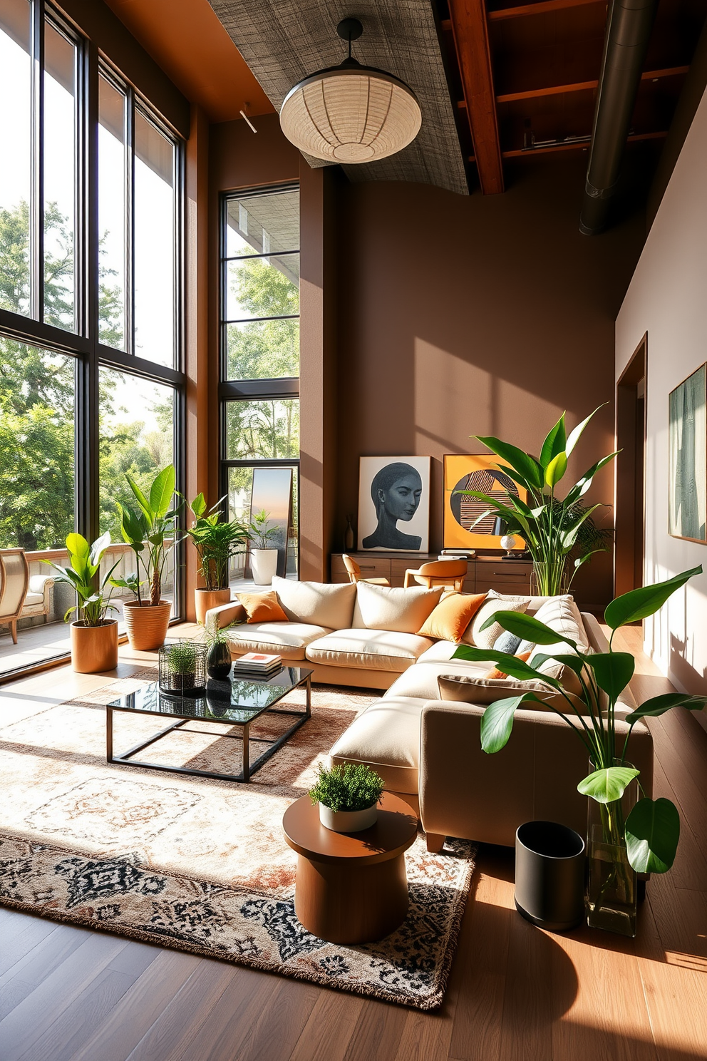 A spacious living room bathed in natural light from large floor-to-ceiling windows. The room features a plush sectional sofa in a neutral tone, paired with a sleek coffee table and an oversized area rug to define the seating space. Bright green indoor plants are strategically placed to enhance the ambiance and bring a touch of nature indoors. The walls are adorned with modern art pieces, and a cozy reading nook is created with a stylish armchair positioned near the windows.