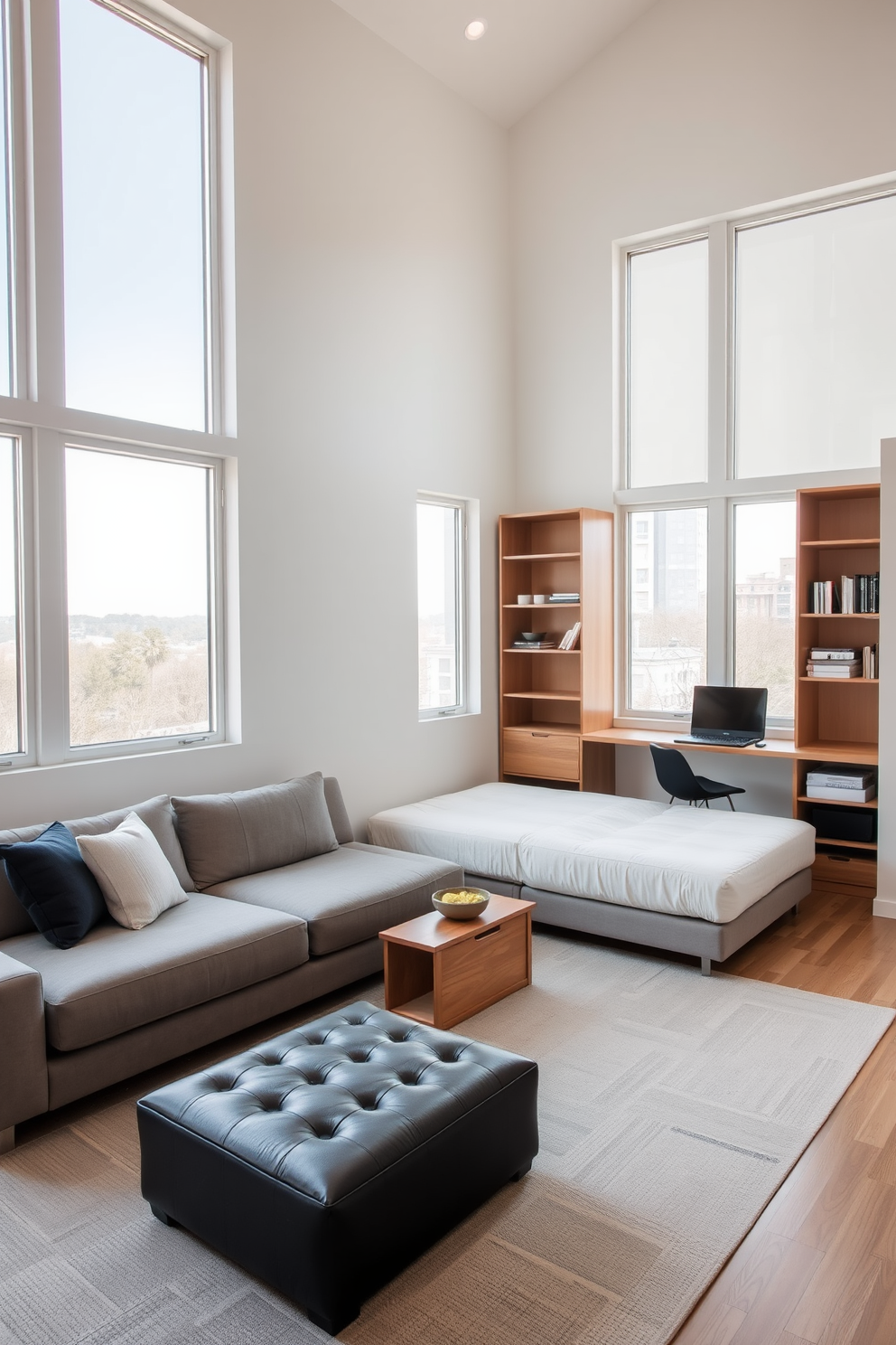 A spacious living room filled with natural light streaming through oversized windows that offer a stunning view of the outdoors. The room features a contemporary sectional sofa in soft gray, paired with a sleek glass coffee table and a vibrant area rug that adds warmth to the space. In one corner, a cozy reading nook is created with a stylish armchair and a small bookshelf. The walls are painted in a light neutral tone, enhancing the airy feel, while decorative plants add a touch of greenery throughout the room.