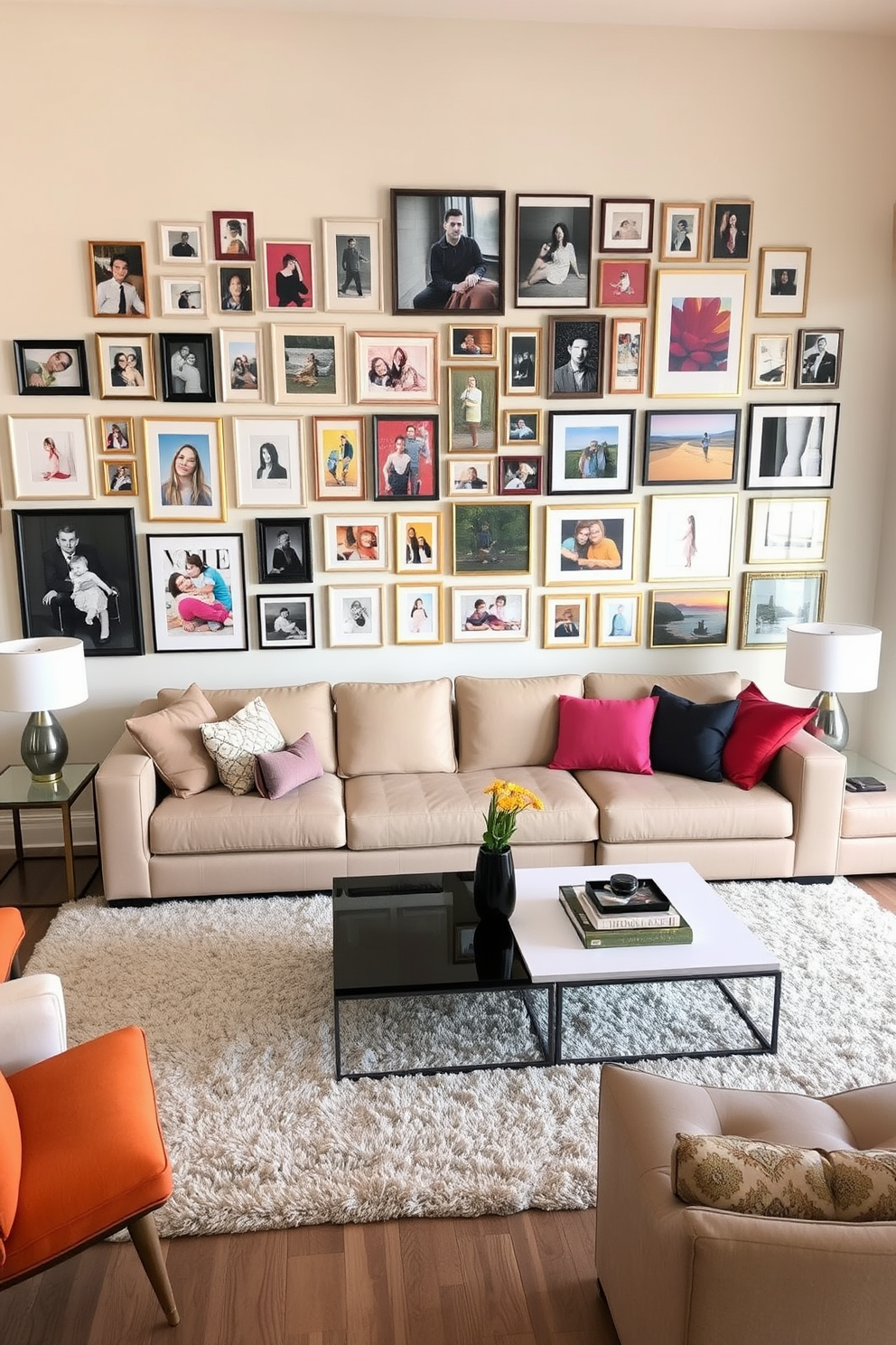 A gallery wall filled with family photos in various frames alongside contemporary art pieces. The arrangement creates a vibrant focal point in the living room, inviting warmth and personality. A spacious living room featuring a large sectional sofa in a neutral tone complemented by colorful accent pillows. A sleek coffee table sits in the center, surrounded by stylish side tables and a plush area rug.