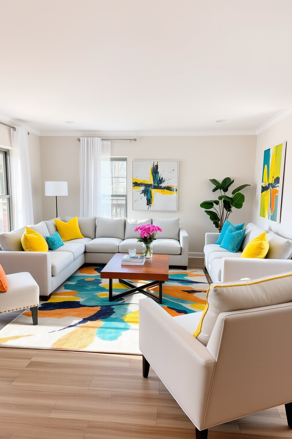 A spacious living room featuring a neutral color palette with soft beige walls and a light gray sectional sofa. Vibrant accents are introduced through bright yellow and teal throw pillows, a colorful abstract rug, and a striking piece of wall art that adds personality to the space. Natural light floods the room through large windows adorned with sheer white curtains. A wooden coffee table sits in the center, surrounded by stylish accent chairs that complement the vibrant color scheme.