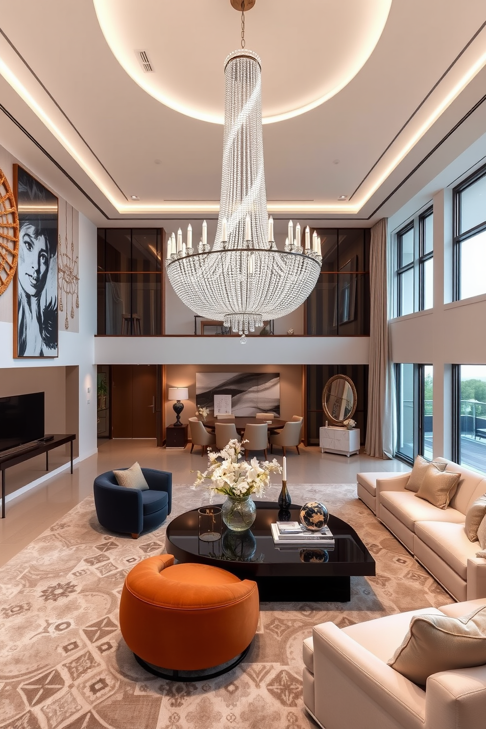 A stunning large living room featuring a statement chandelier as the focal point. The space is adorned with plush seating arrangements, a modern coffee table, and elegant decor that complements the overall aesthetic.