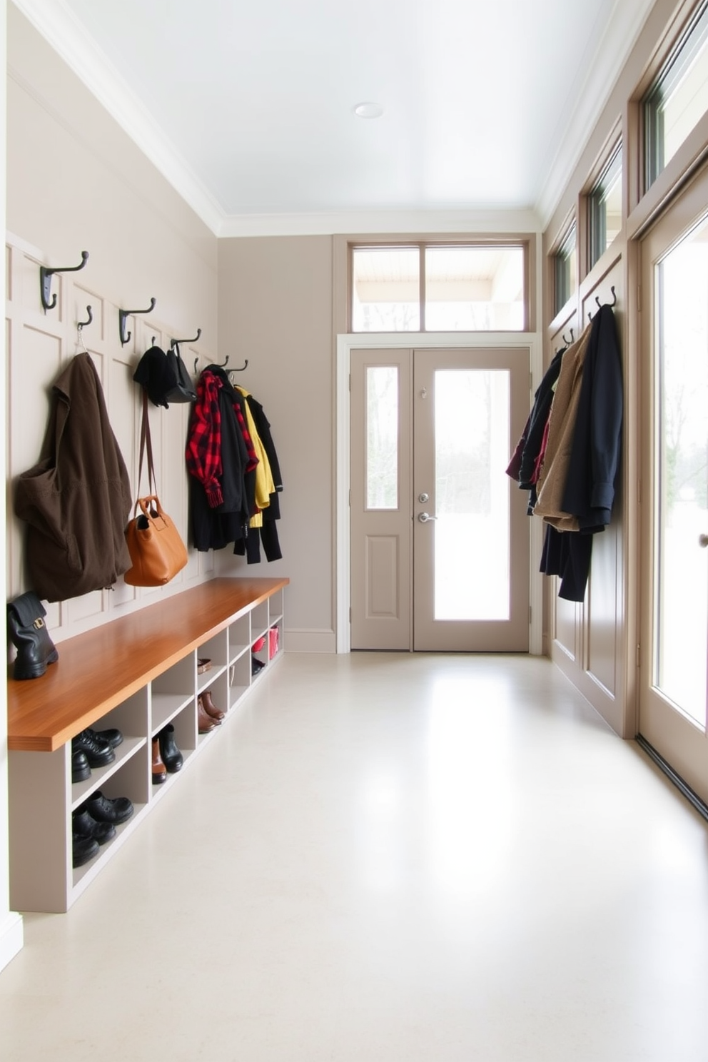 A spacious mudroom features a long bench with built-in storage underneath for shoes and outdoor gear. The walls are adorned with hooks for coats and bags, while large windows allow natural light to fill the space.